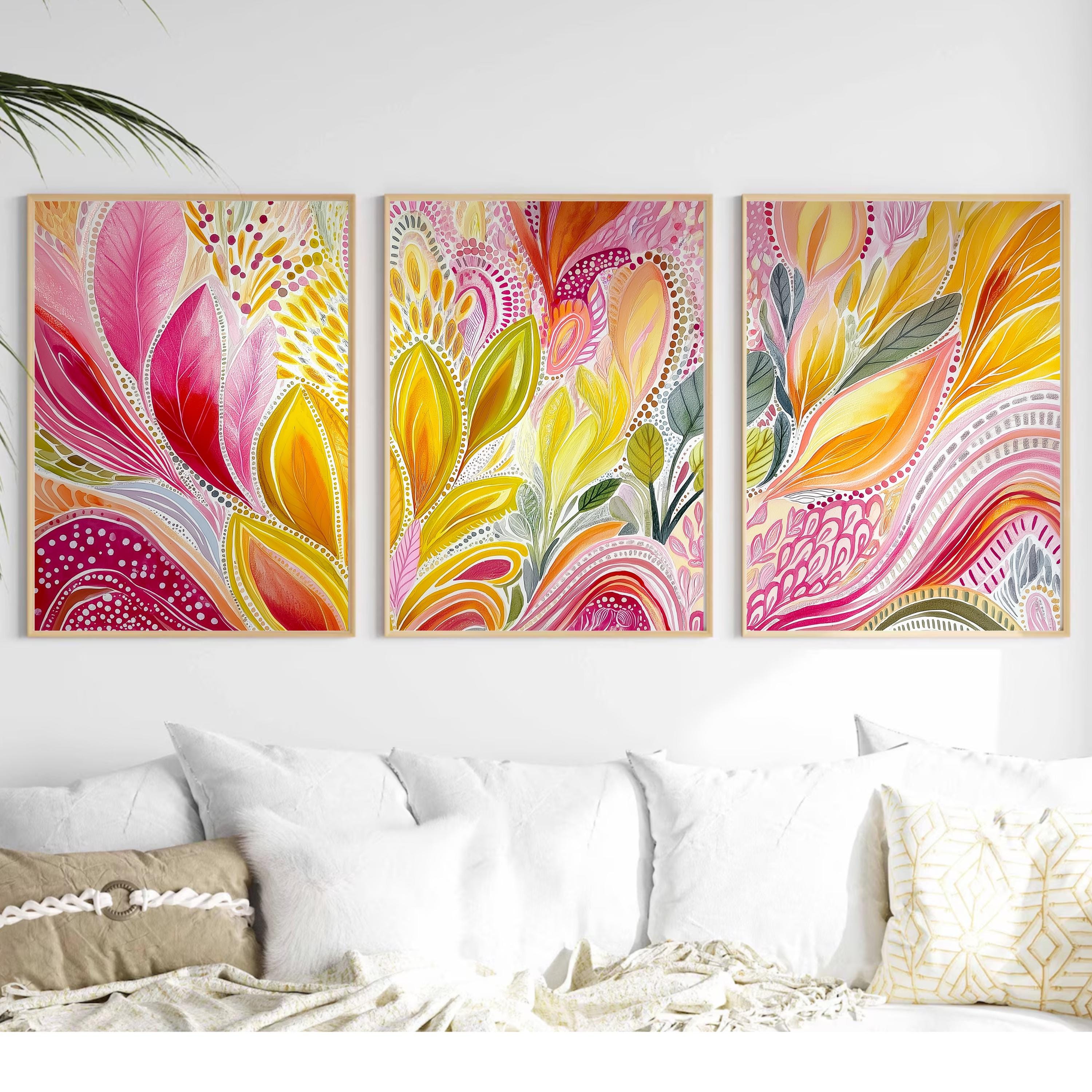 Bright Abstract Floral Poster Set, 3 Piece Contemporary Wall Art, Pink and Yellow Botanical Triptych for Modern Home Interiors