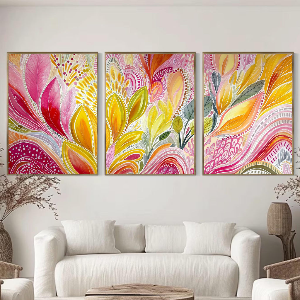Bright Abstract Floral Poster Set, 3 Piece Contemporary Wall Art, Pink and Yellow Botanical Triptych for Modern Home Interiors