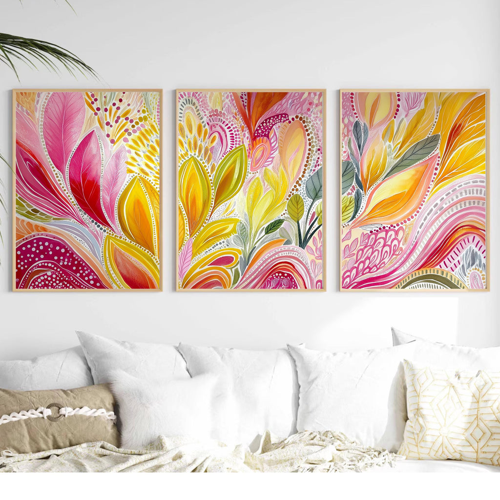 Bright Abstract Floral Poster Set, 3 Piece Contemporary Wall Art, Pink and Yellow Botanical Triptych for Modern Home Interiors