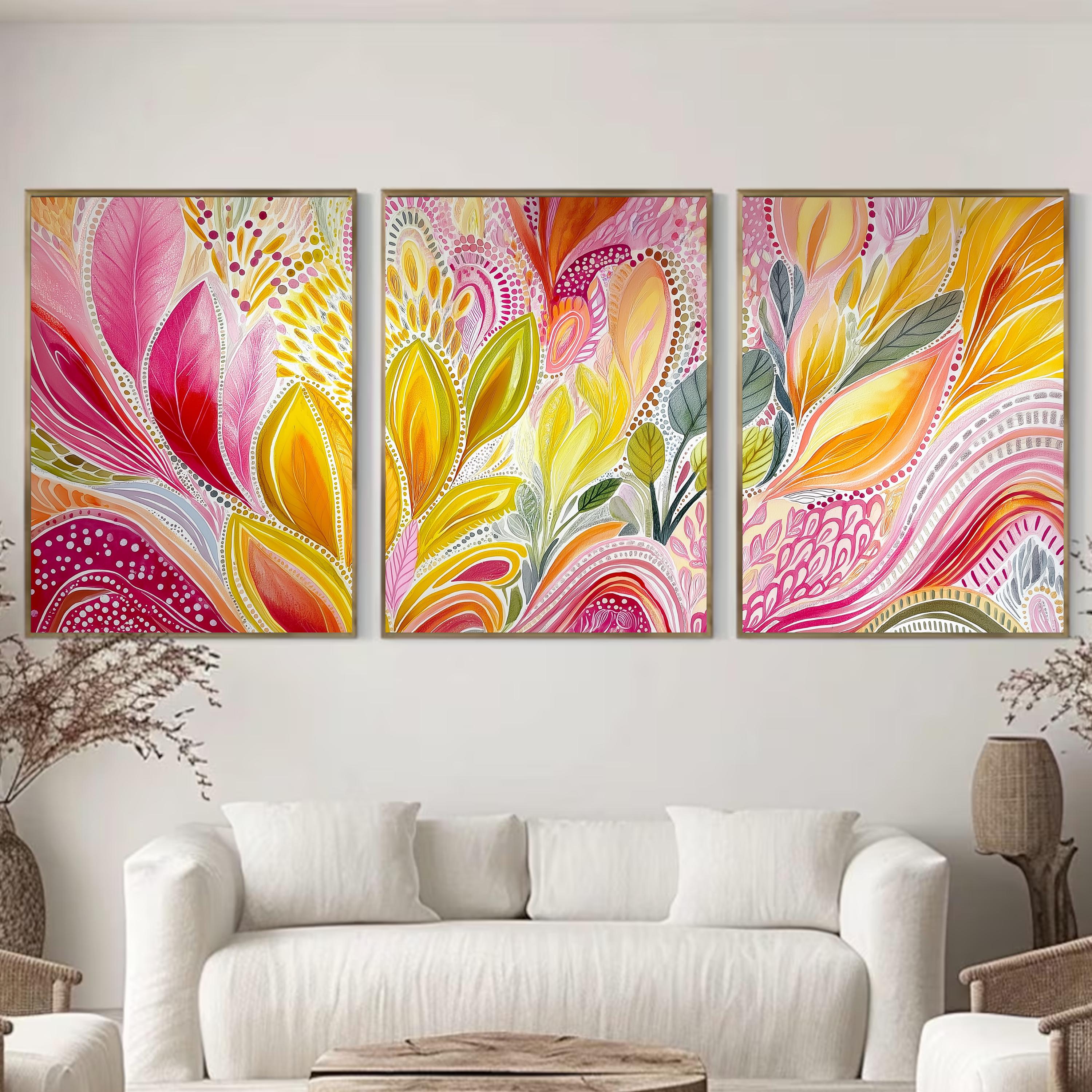Bright Abstract Floral Poster Set, 3 Piece Contemporary Wall Art, Pink and Yellow Botanical Triptych for Modern Home Interiors