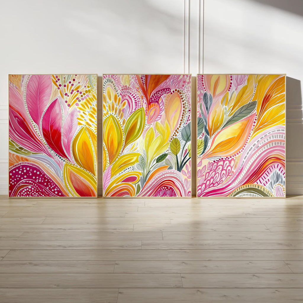 Bright Abstract Floral Poster Set, 3 Piece Contemporary Wall Art, Pink and Yellow Botanical Triptych for Modern Home Interiors