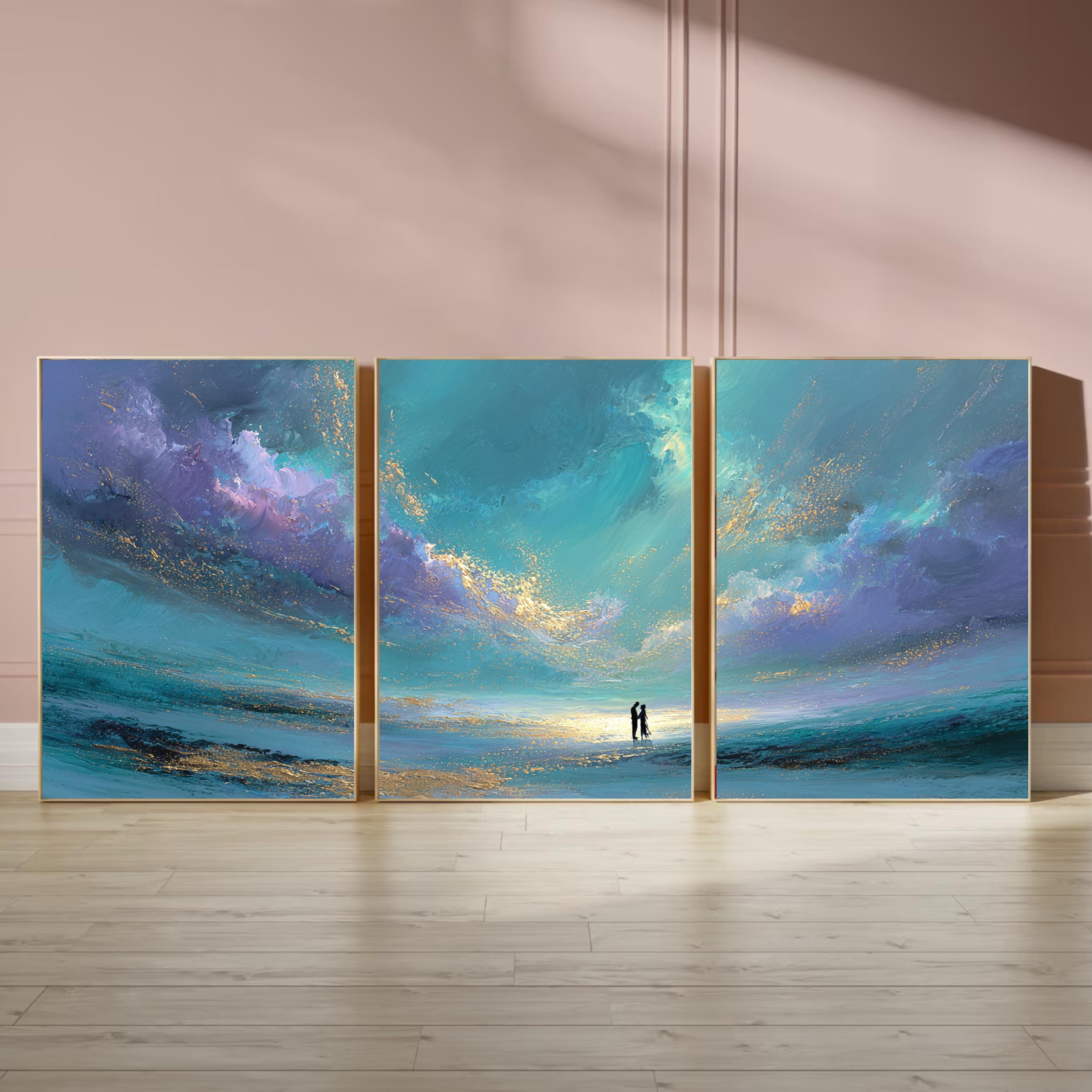 Romantic Seascape Triptych, Abstract Ocean Sunset Poster Set, Couple Wall Art Prints in Teal and Purple for Bedroom or Living Room