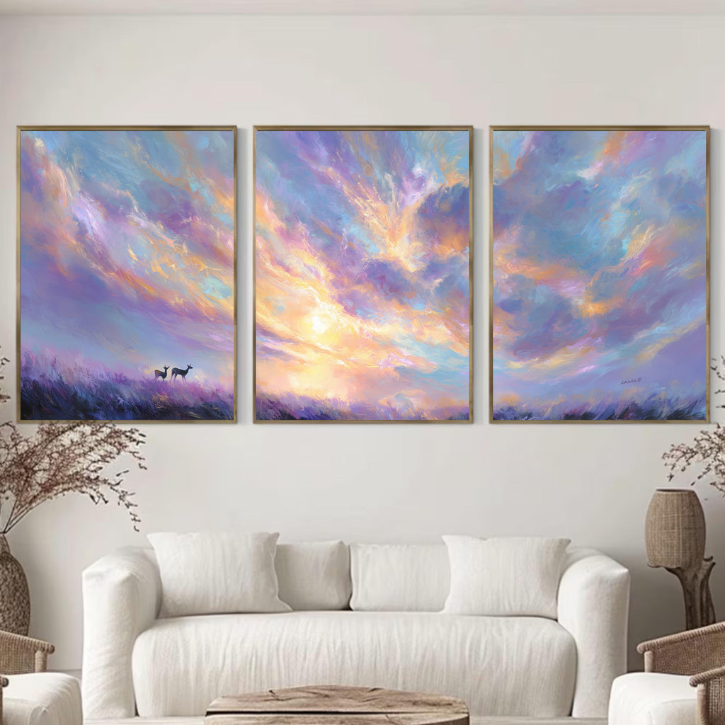 Purple Sunset Sky, Triptych Poster Set, Pastel Abstract Cloud Wall Art, Purple and Pink Landscape Prints with Deer for Bedroom Living Room