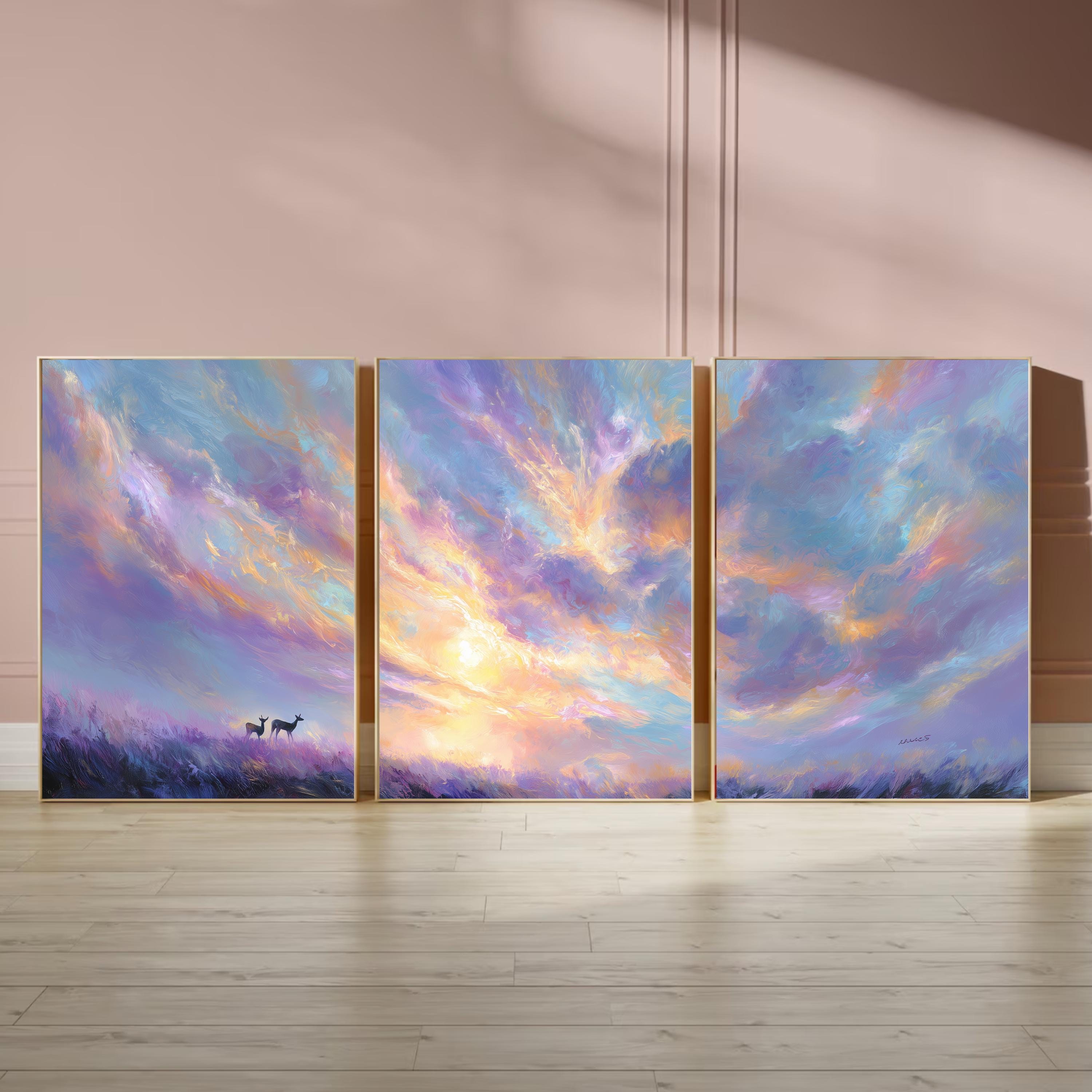 Purple Sunset Sky, Triptych Poster Set, Pastel Abstract Cloud Wall Art, Purple and Pink Landscape Prints with Deer for Bedroom Living Room