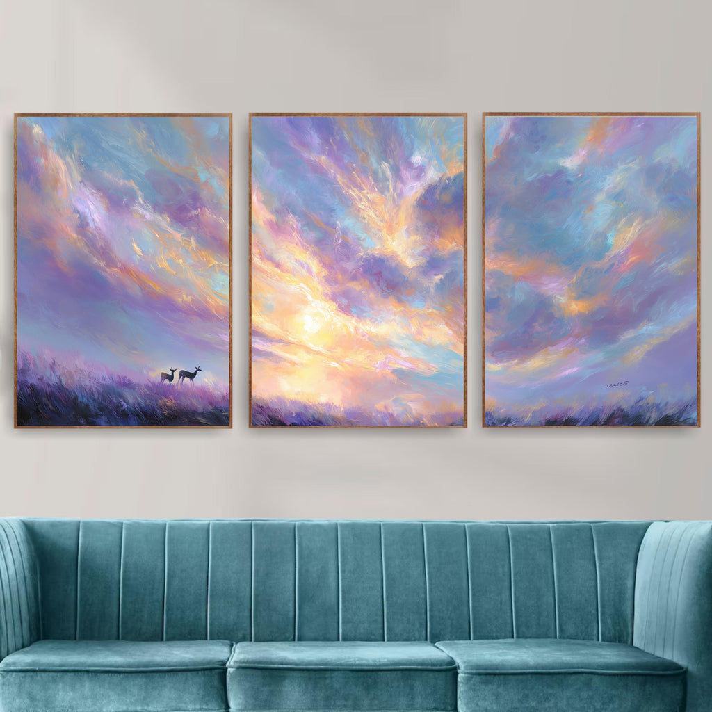Purple Sunset Sky, Triptych Poster Set, Pastel Abstract Cloud Wall Art, Purple and Pink Landscape Prints with Deer for Bedroom Living Room