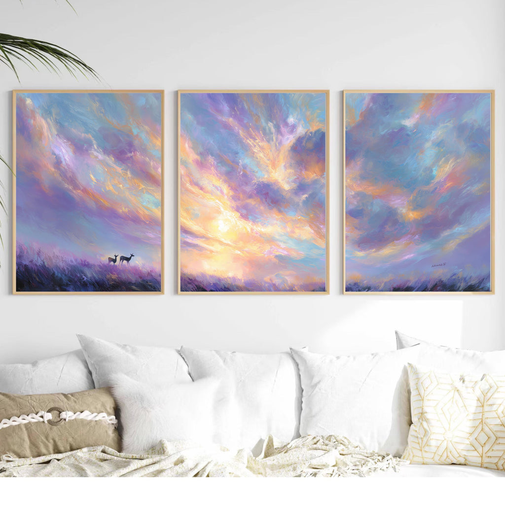Purple Sunset Sky, Triptych Poster Set, Pastel Abstract Cloud Wall Art, Purple and Pink Landscape Prints with Deer for Bedroom Living Room