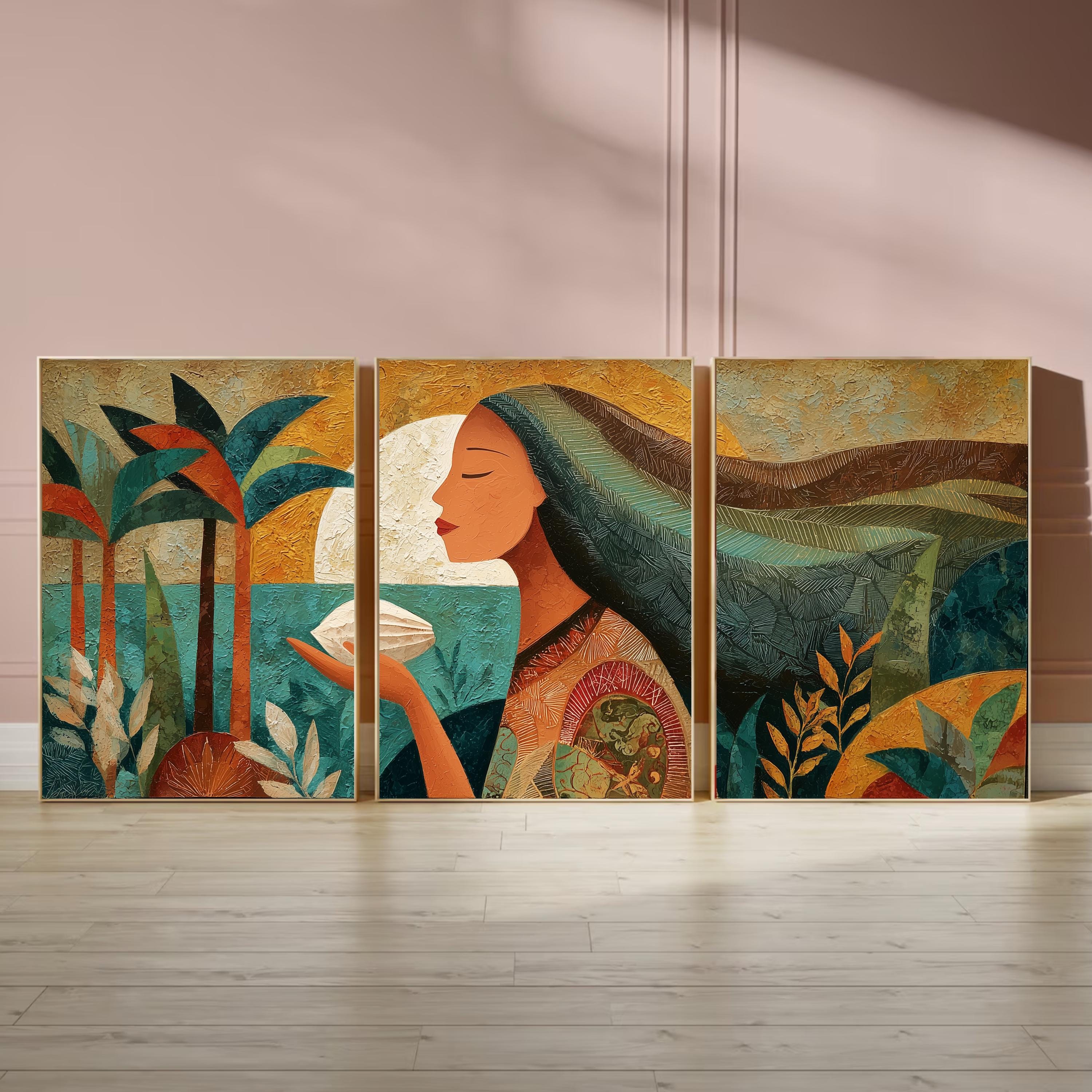 Tribal Inspired Triptych Poster Set, Woman with Ocean and Palm Trees Wall Art, Earth Tone Abstract Prints for Bohemian Home Decor