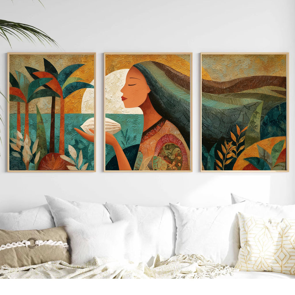 Tribal Inspired Triptych Poster Set, Woman with Ocean and Palm Trees Wall Art, Earth Tone Abstract Prints for Bohemian Home Decor