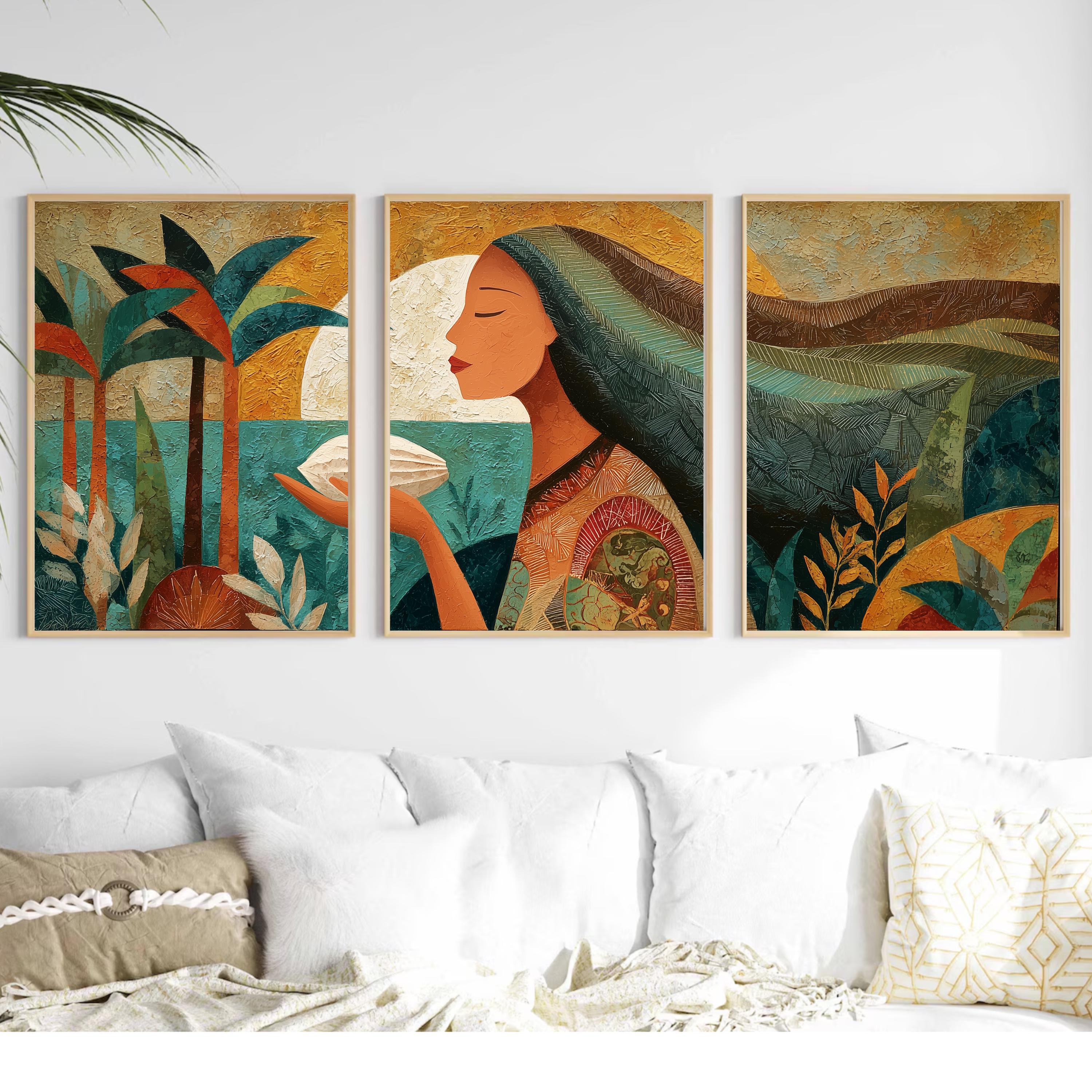 Tribal Inspired Triptych Poster Set, Woman with Ocean and Palm Trees Wall Art, Earth Tone Abstract Prints for Bohemian Home Decor