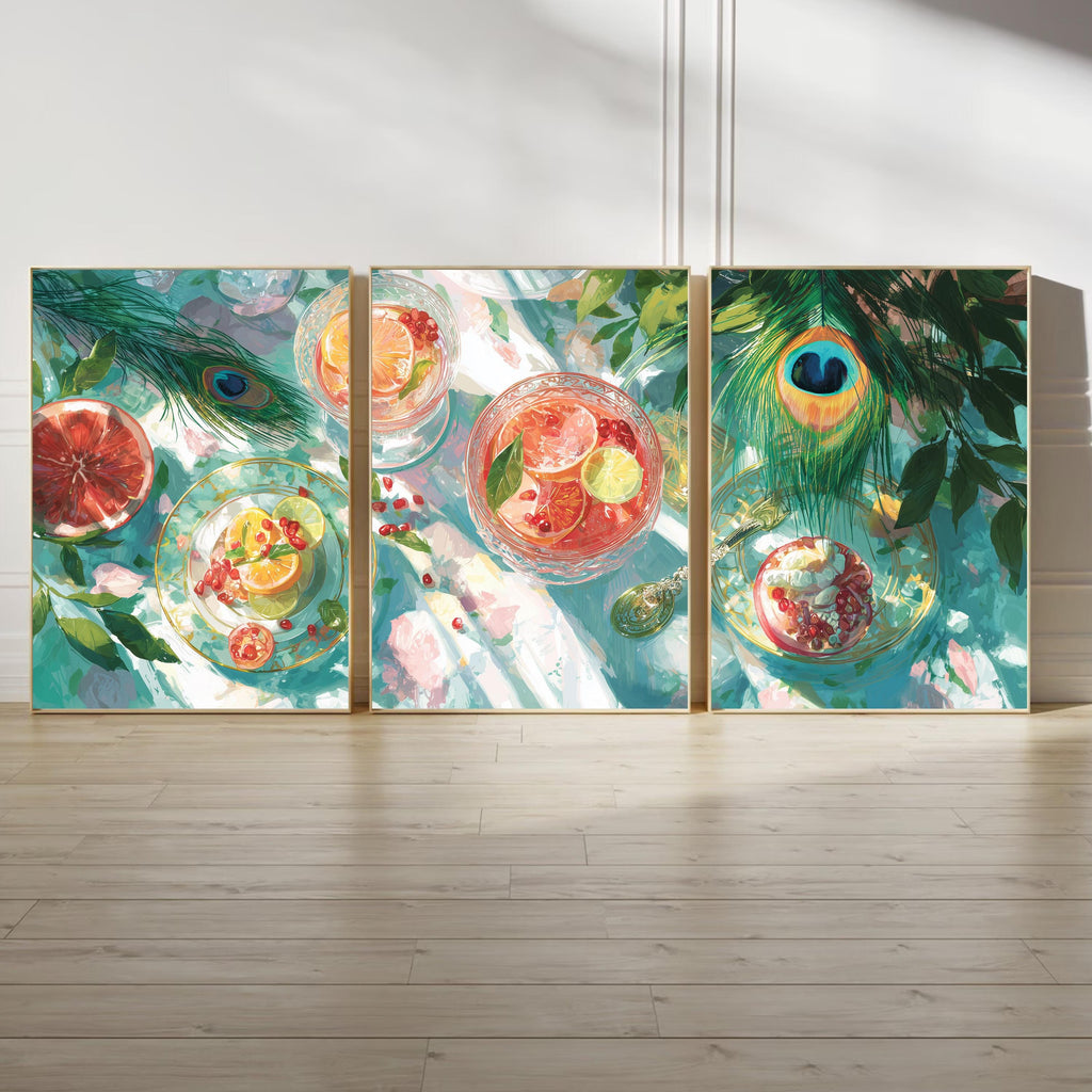 Citrus Cocktail Poster Set, Summer Kitchen Wall Art with Grapefruit, Lime and Pomegranate Prints, Colorful Fruit Still Life Triptych