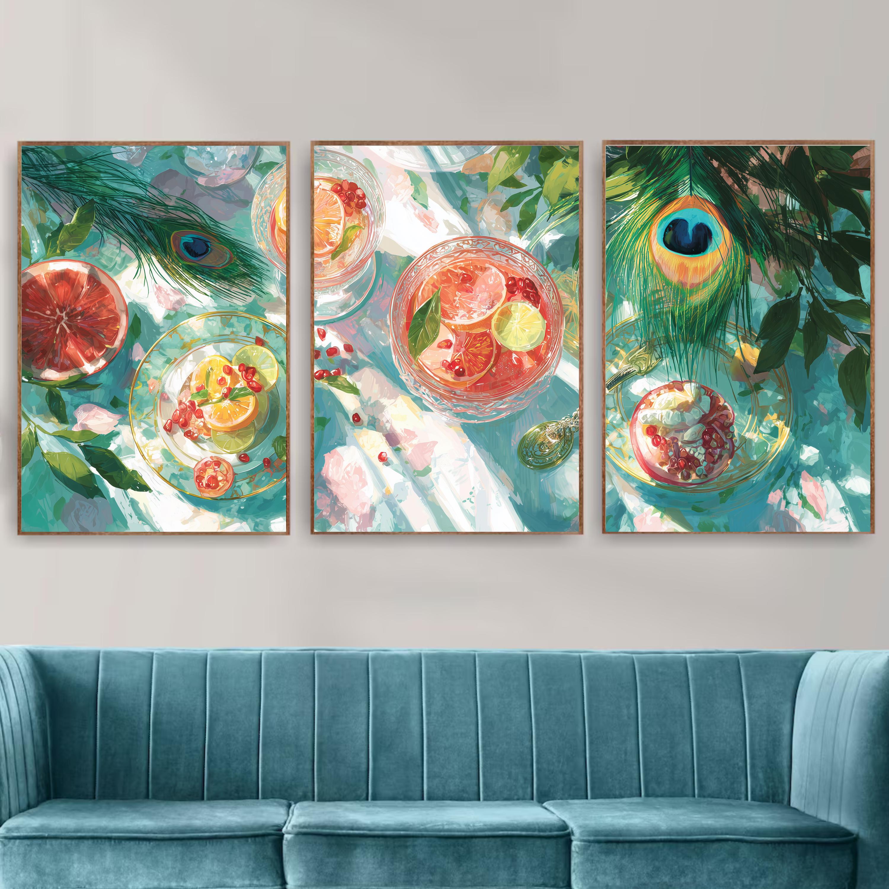 Citrus Cocktail Poster Set, Summer Kitchen Wall Art with Grapefruit, Lime and Pomegranate Prints, Colorful Fruit Still Life Triptych
