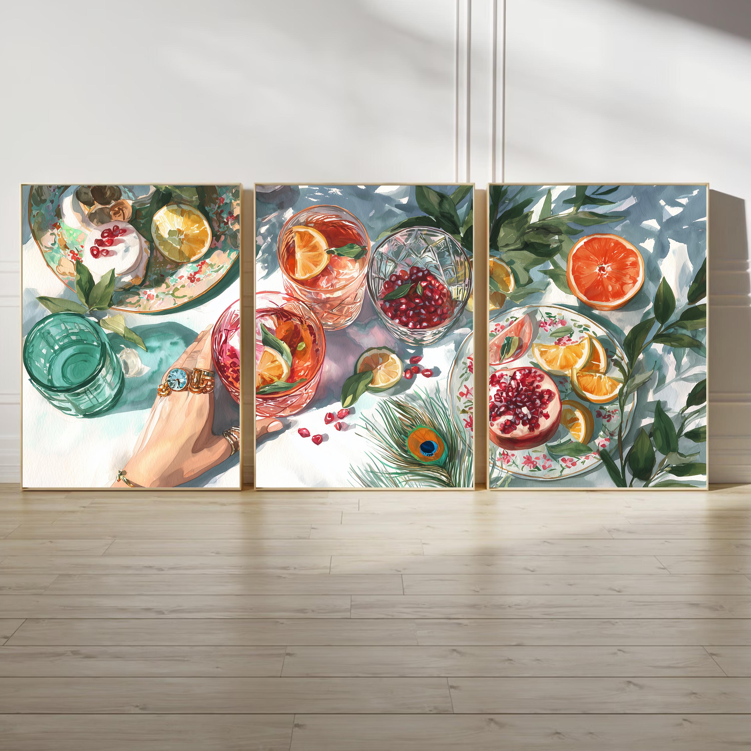Kitchen Dining Room Triptych Poster Set, Fruit Still Life Wall Art, Citrus and Pomegranate Prints with Glassware for Modern Home Decor
