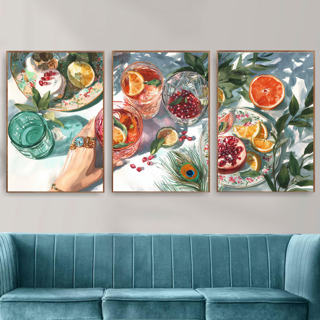 Kitchen Dining Room Triptych Poster Set, Fruit Still Life Wall Art, Citrus and Pomegranate Prints with Glassware for Modern Home Decor
