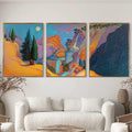 Vibrant Mountain Landscape Triptych, Abstract Nature Poster Set, Colorful Waterfall Wall Art Prints for Modern Home Décor