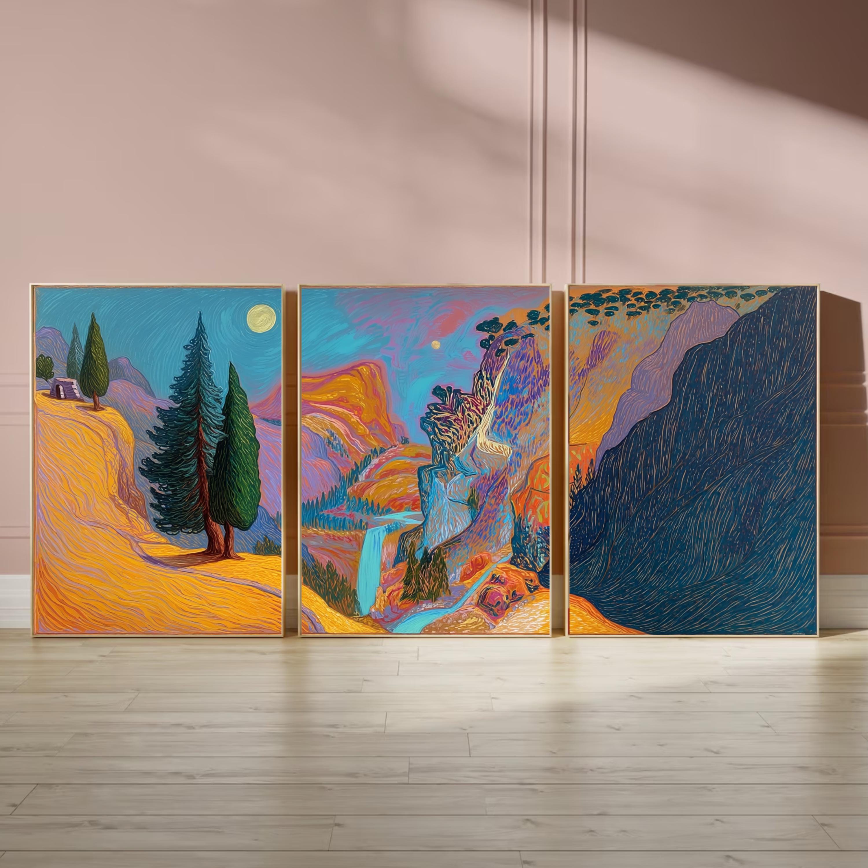 Vibrant Mountain Landscape Triptych, Abstract Nature Poster Set, Colorful Waterfall Wall Art Prints for Modern Home Décor