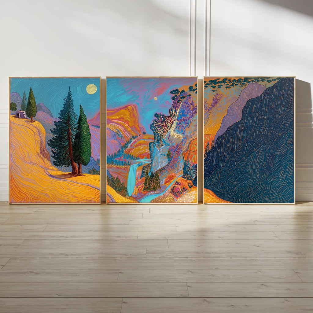 Vibrant Mountain Landscape Triptych, Abstract Nature Poster Set, Colorful Waterfall Wall Art Prints for Modern Home Décor