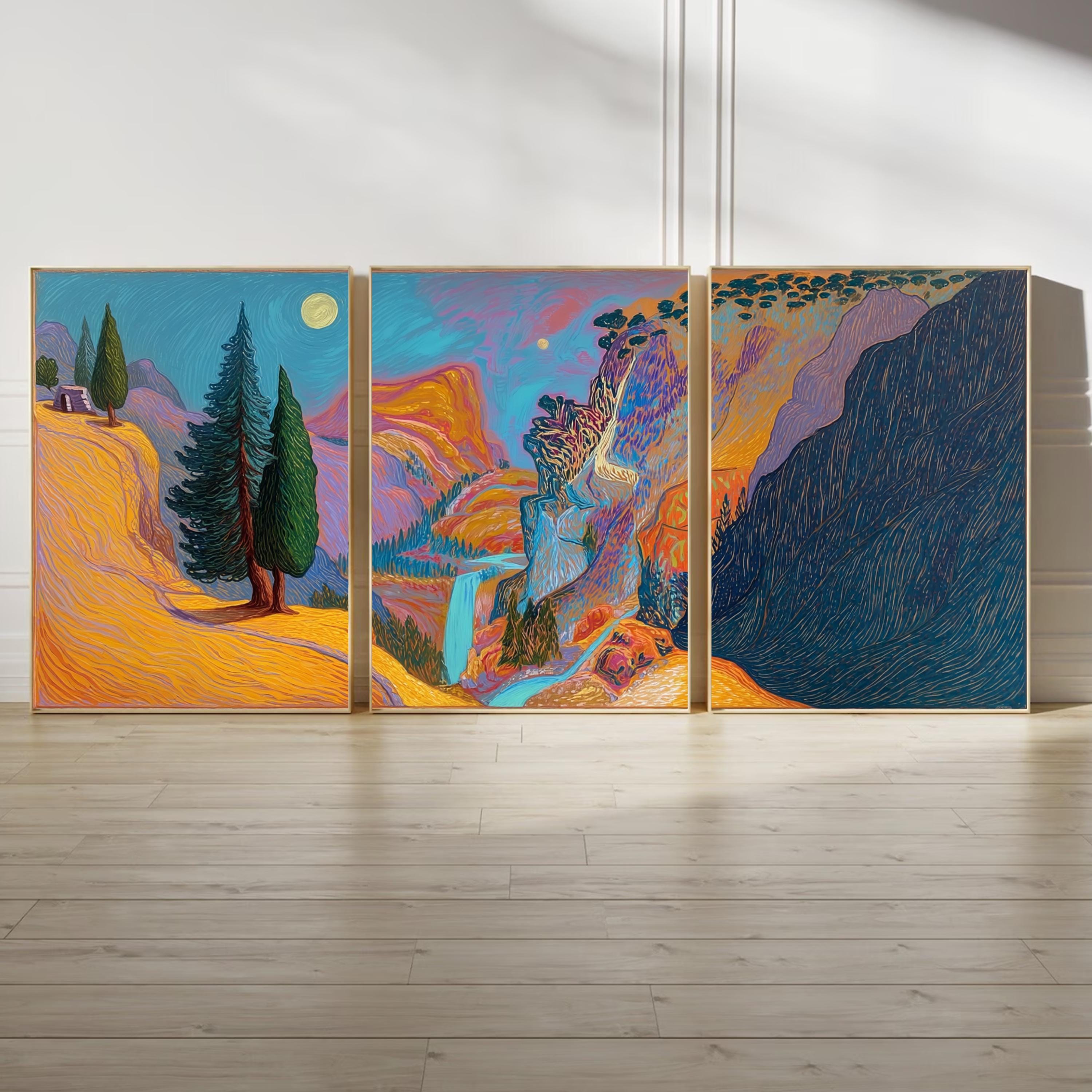 Vibrant Mountain Landscape Triptych, Abstract Nature Poster Set, Colorful Waterfall Wall Art Prints for Modern Home Décor