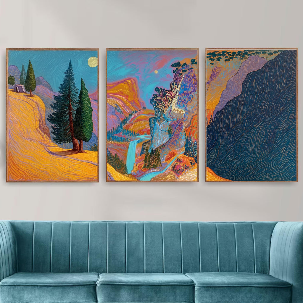 Vibrant Mountain Landscape Triptych, Abstract Nature Poster Set, Colorful Waterfall Wall Art Prints for Modern Home Décor