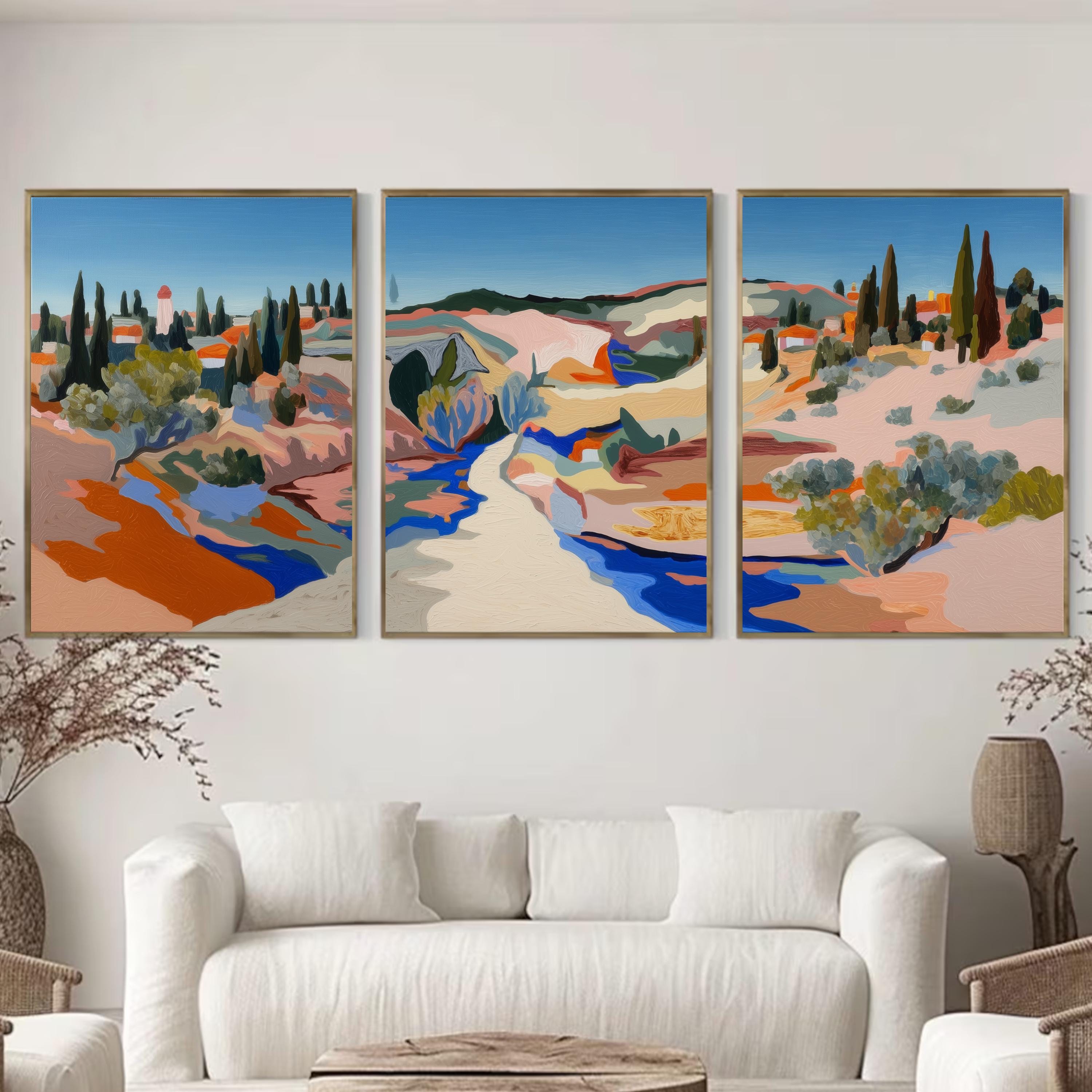 Mediterranean Landscape Triptych, Abstract Poster Set, Colorful Countryside Wall Art Prints for Modern Home Décor