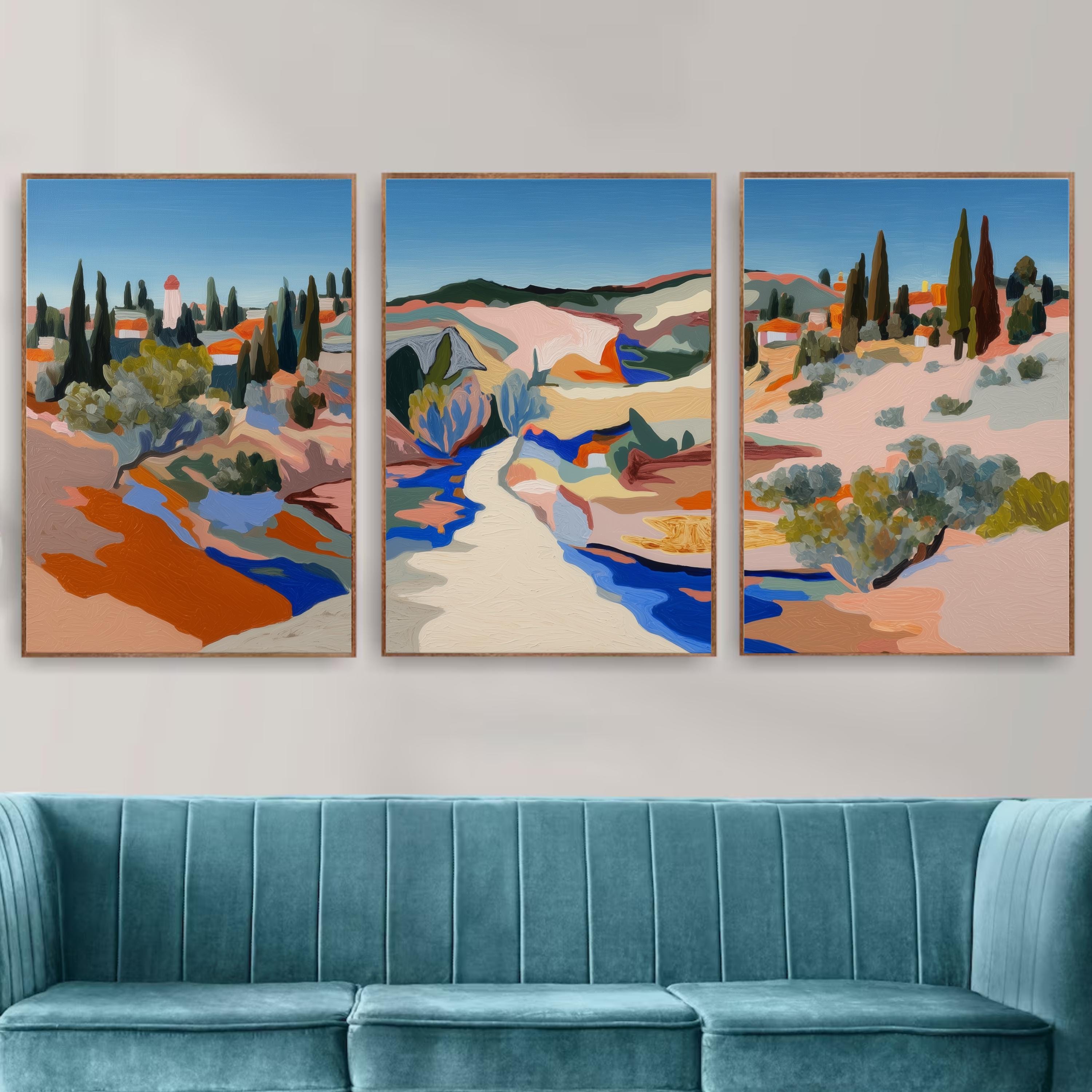 Mediterranean Landscape Triptych, Abstract Poster Set, Colorful Countryside Wall Art Prints for Modern Home Décor