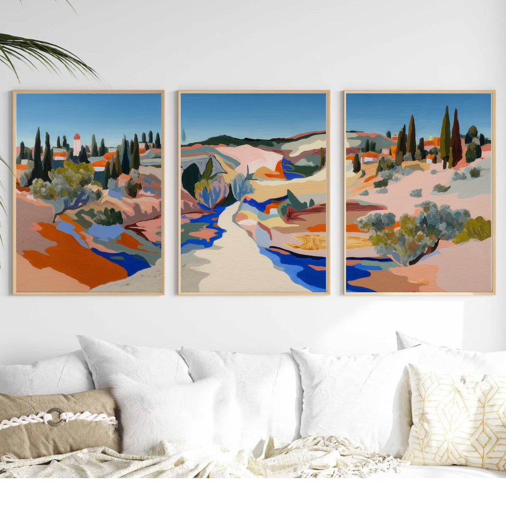 Mediterranean Landscape Triptych, Abstract Poster Set, Colorful Countryside Wall Art Prints for Modern Home Décor