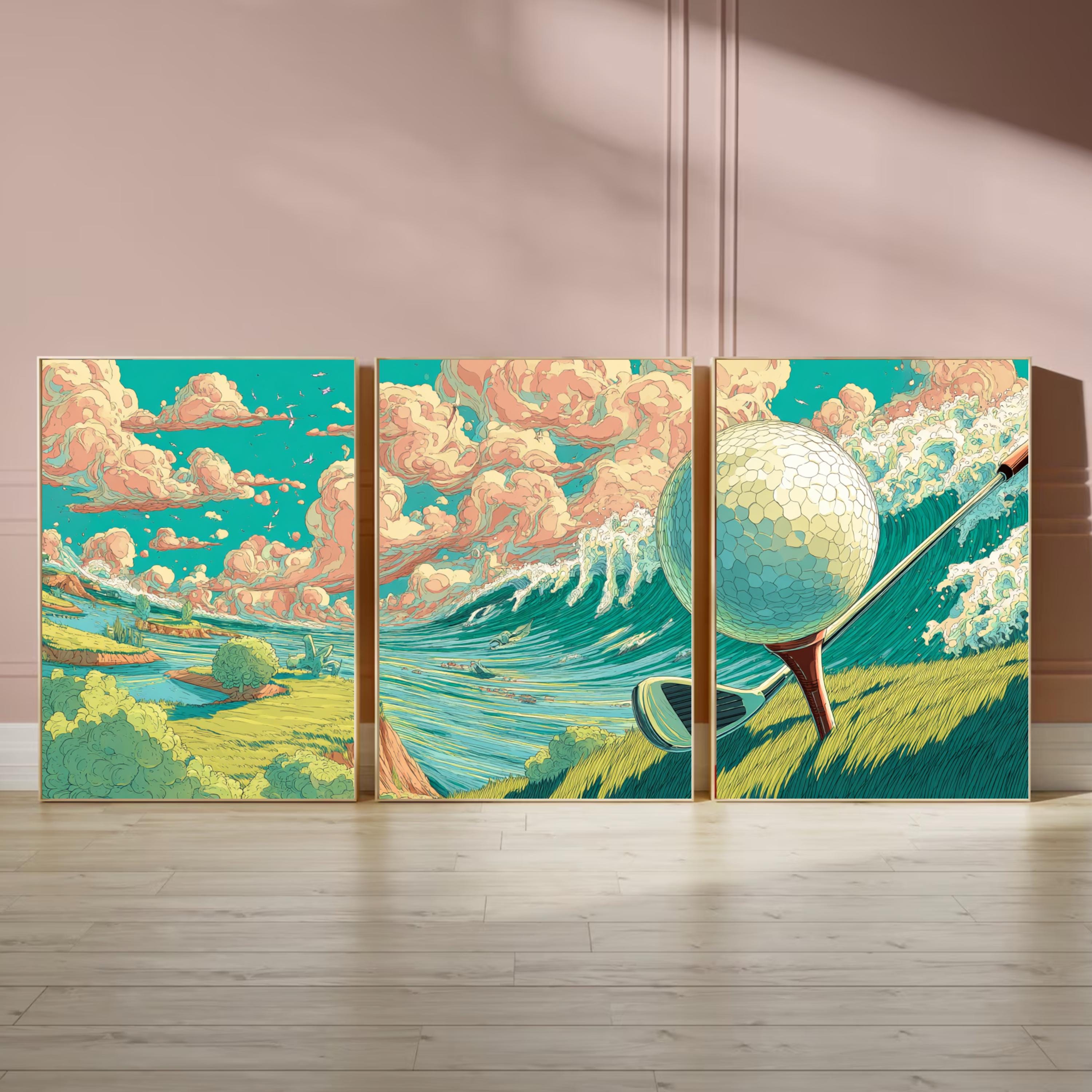 Golf Wall Art Set of 3 | Surreal Golf Poster Prints | Triptych Golf Decor for Living Room Office or Man Cave