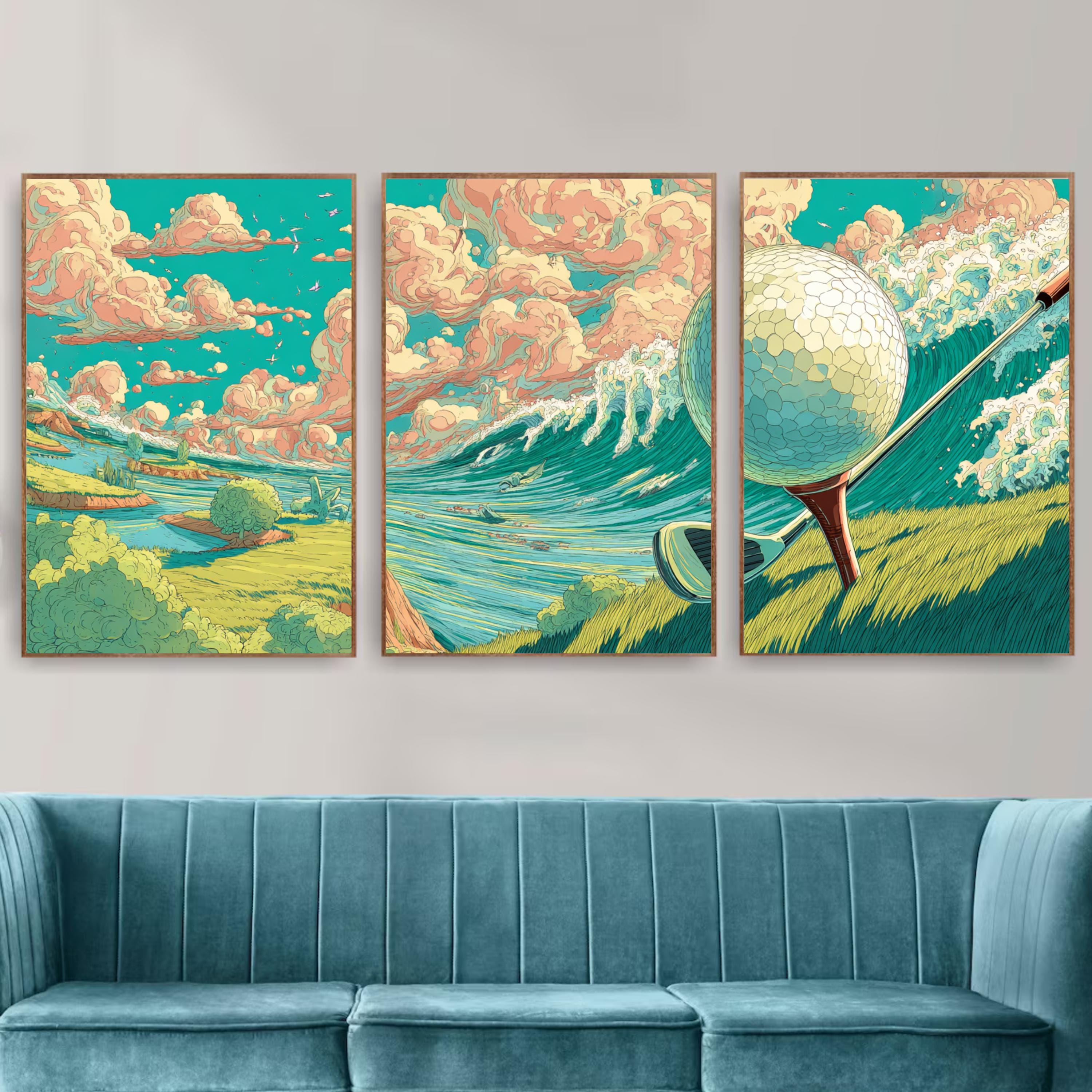 Golf Wall Art Set of 3 | Surreal Golf Poster Prints | Triptych Golf Decor for Living Room Office or Man Cave