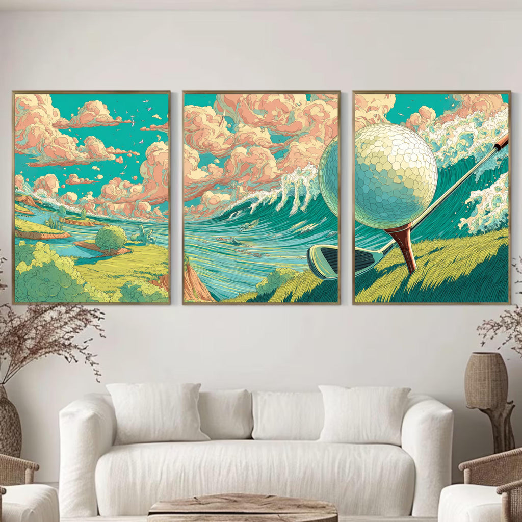Golf Wall Art Set of 3 | Surreal Golf Poster Prints | Triptych Golf Decor for Living Room Office or Man Cave