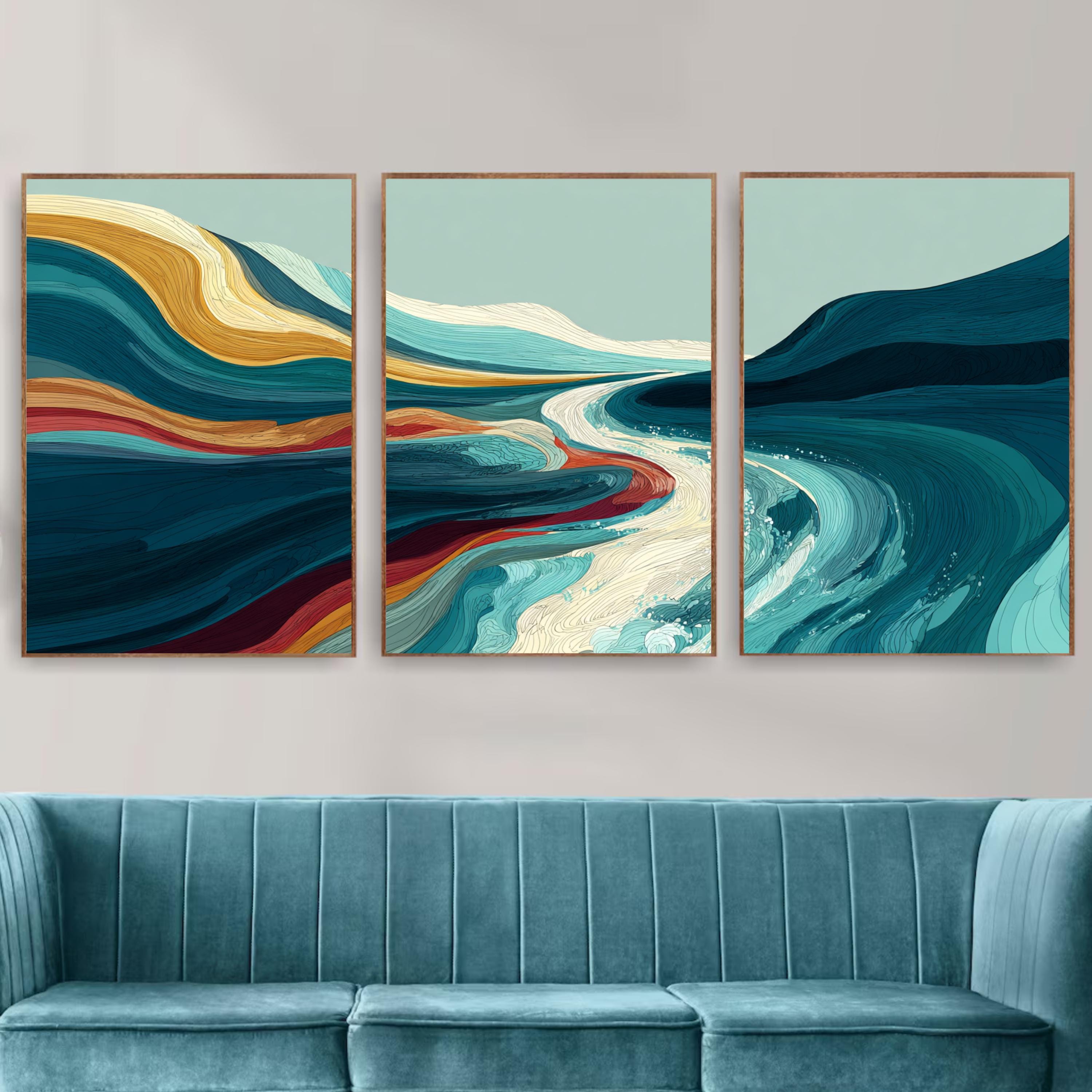 Abstract Wall Art Set of 3 | Modern Triptych Poster Prints | Teal and Gold Abstract Landscape for Living Room