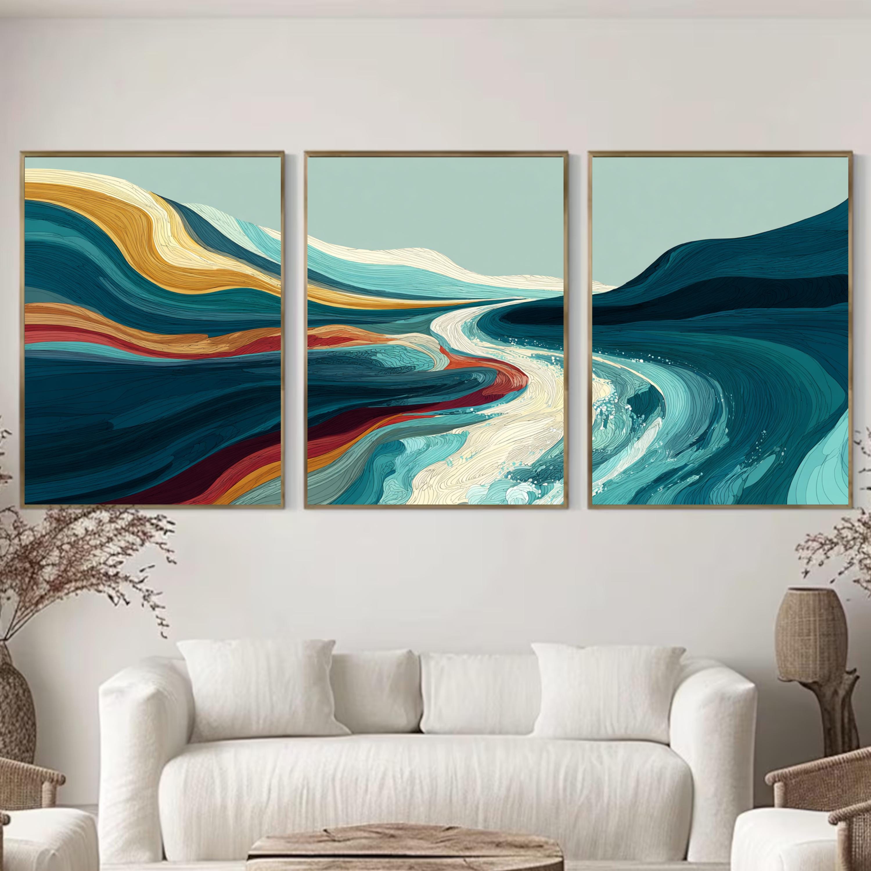 Abstract Wall Art Set of 3 | Modern Triptych Poster Prints | Teal and Gold Abstract Landscape for Living Room
