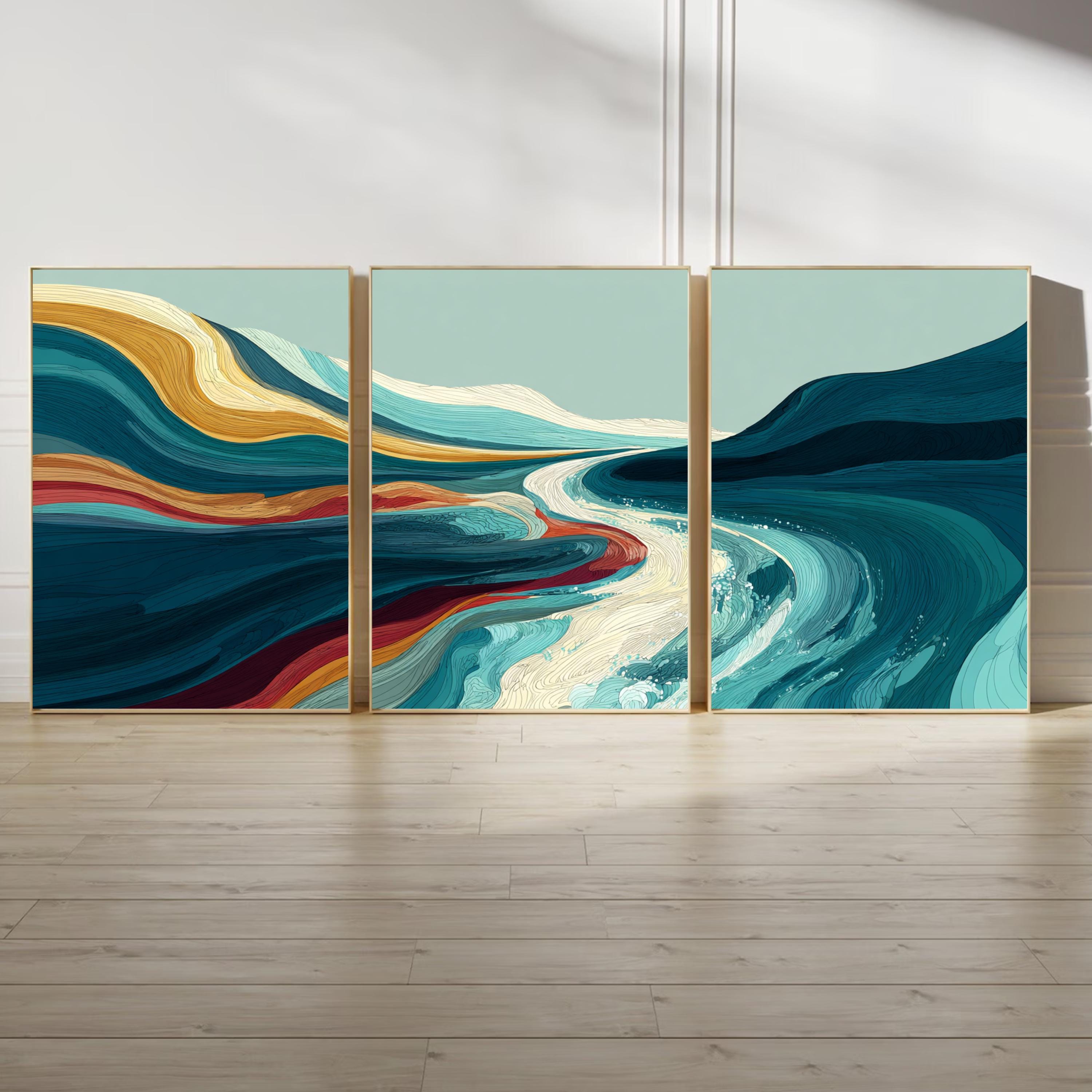 Abstract Wall Art Set of 3 | Modern Triptych Poster Prints | Teal and Gold Abstract Landscape for Living Room