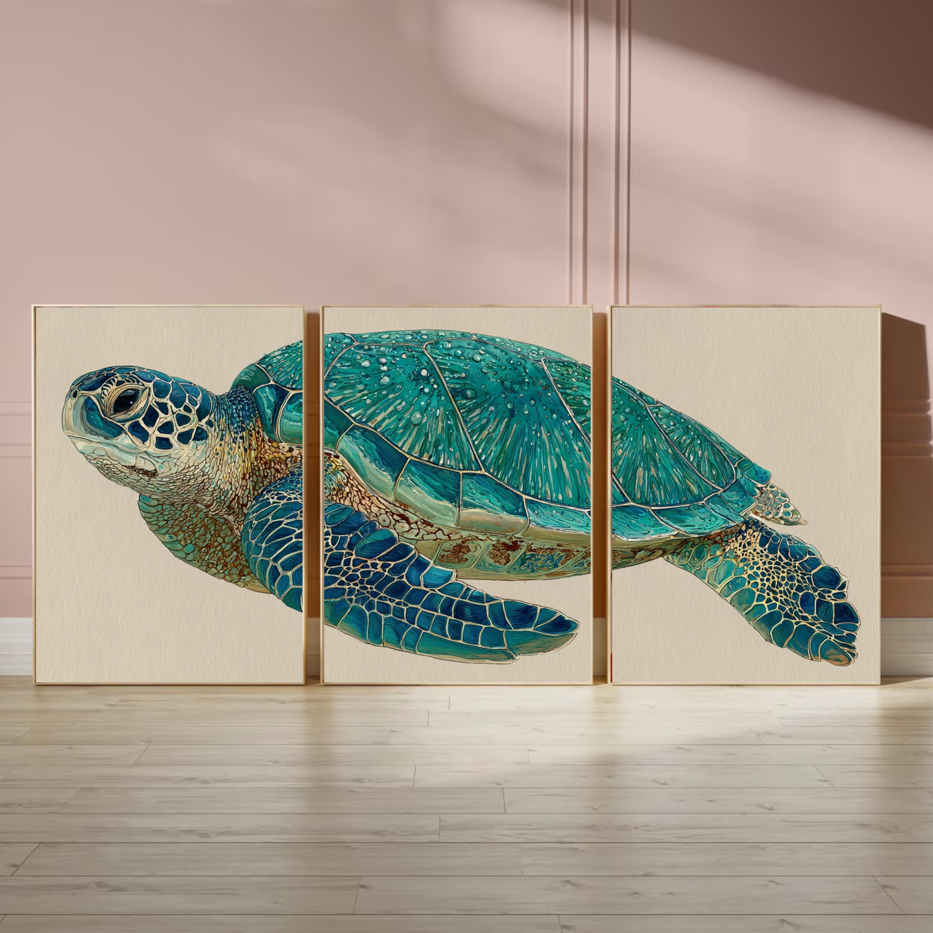 Sea Turtle Wall Art Set of 3 | Ocean Triptych Poster Prints | Coastal Beach House Decor for Living Room or Bedroom