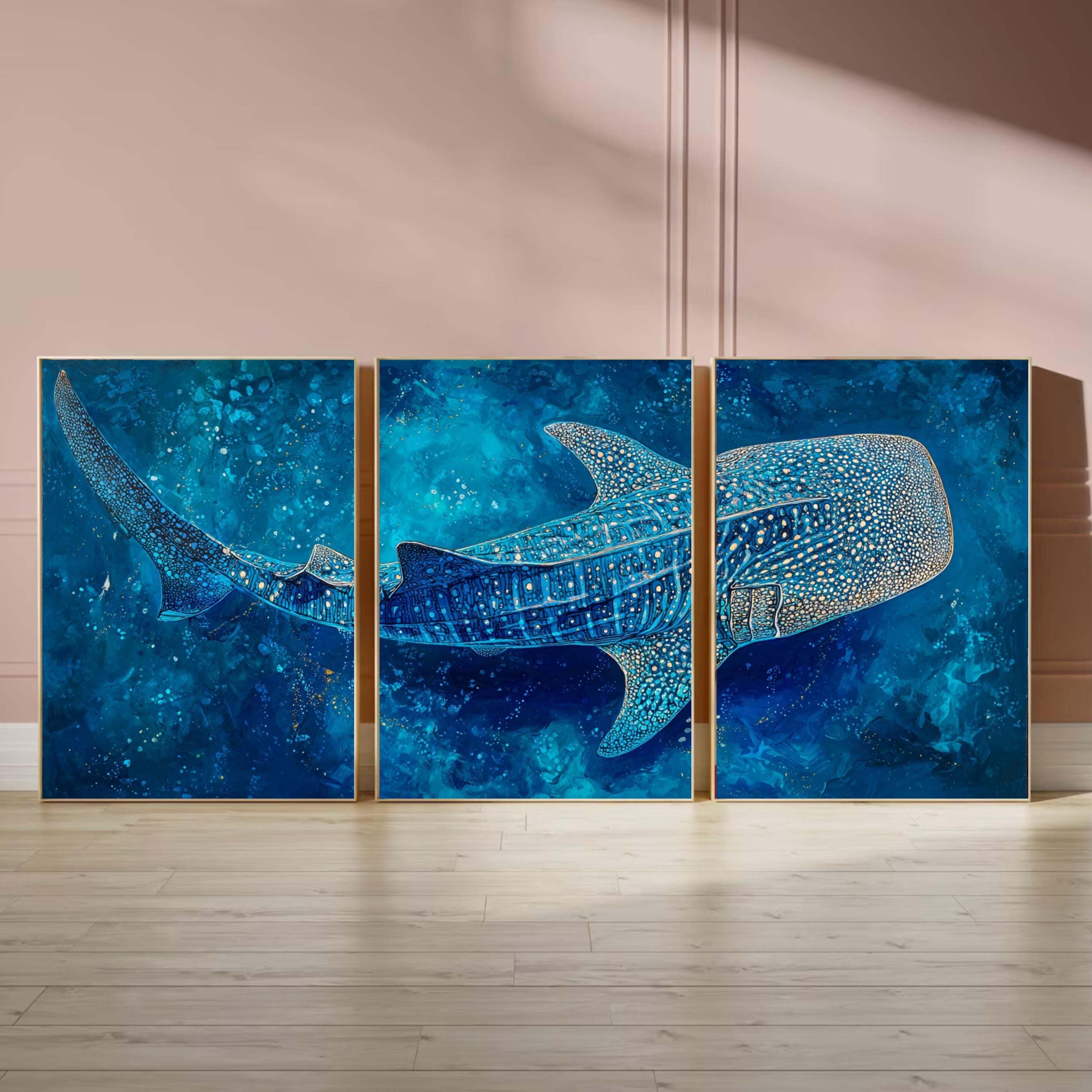 Whale Shark Wall Art Set of 3 | Ocean Triptych Poster Prints | Coastal Blue Marine Life Decor for Living Room or Bedroom