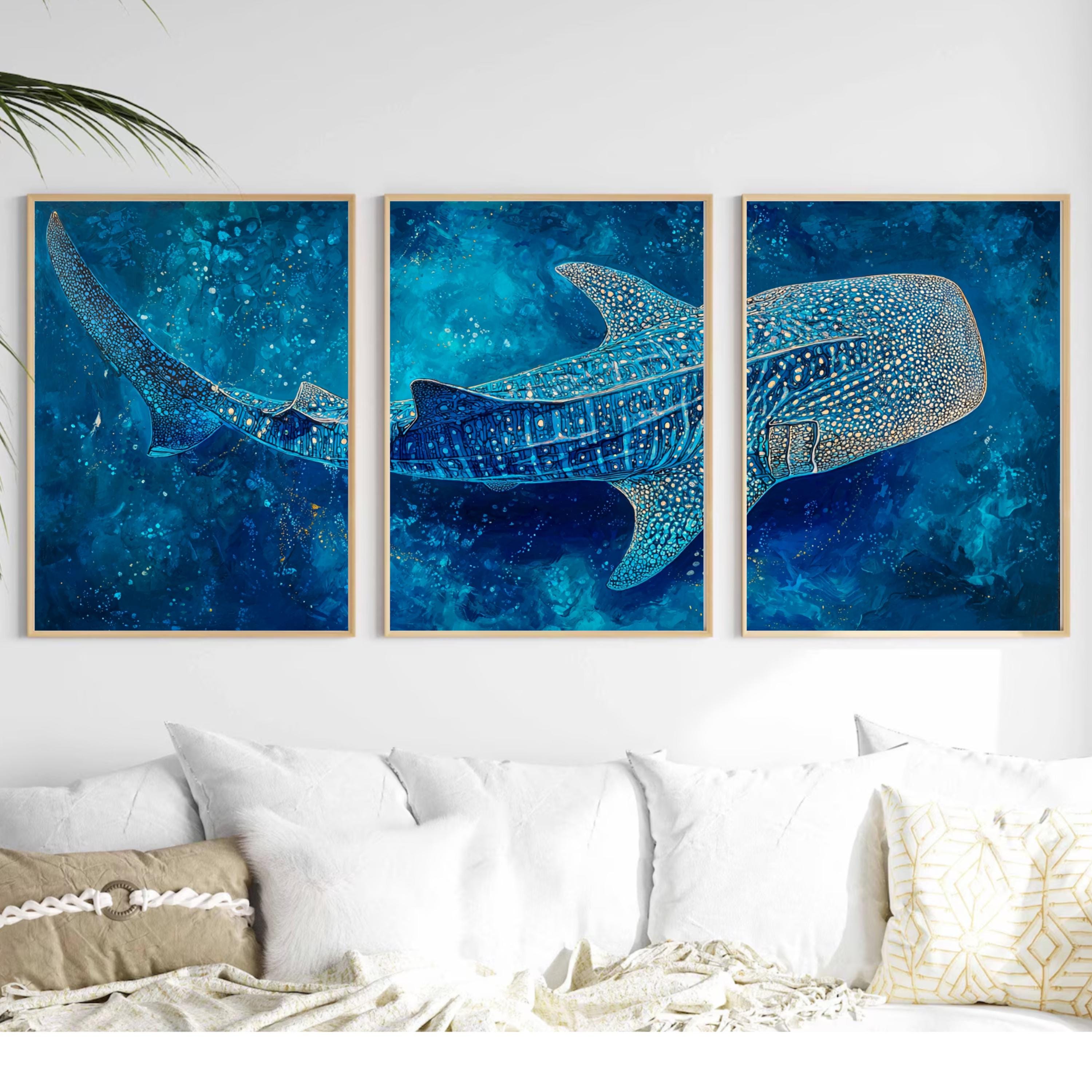 Whale Shark Wall Art Set of 3 | Ocean Triptych Poster Prints | Coastal Blue Marine Life Decor for Living Room or Bedroom
