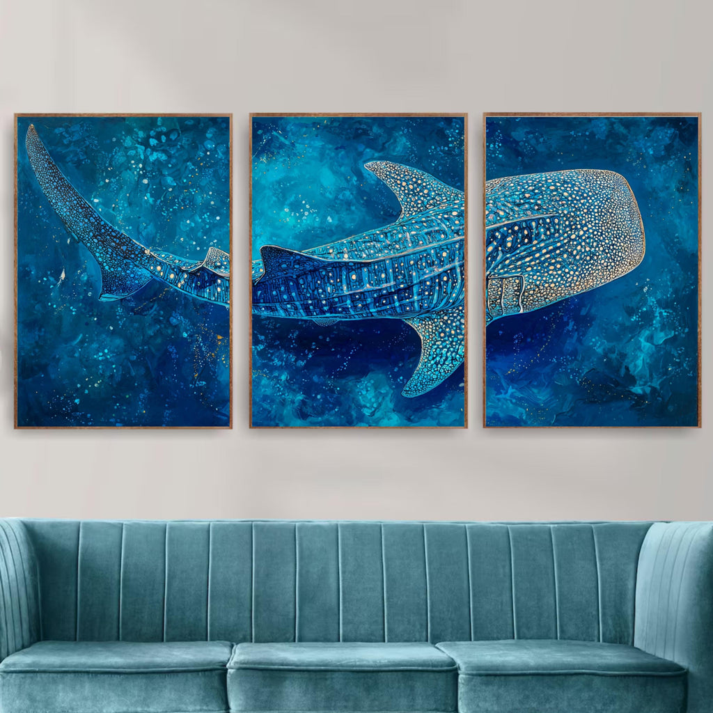 Whale Shark Wall Art Set of 3 | Ocean Triptych Poster Prints | Coastal Blue Marine Life Decor for Living Room or Bedroom