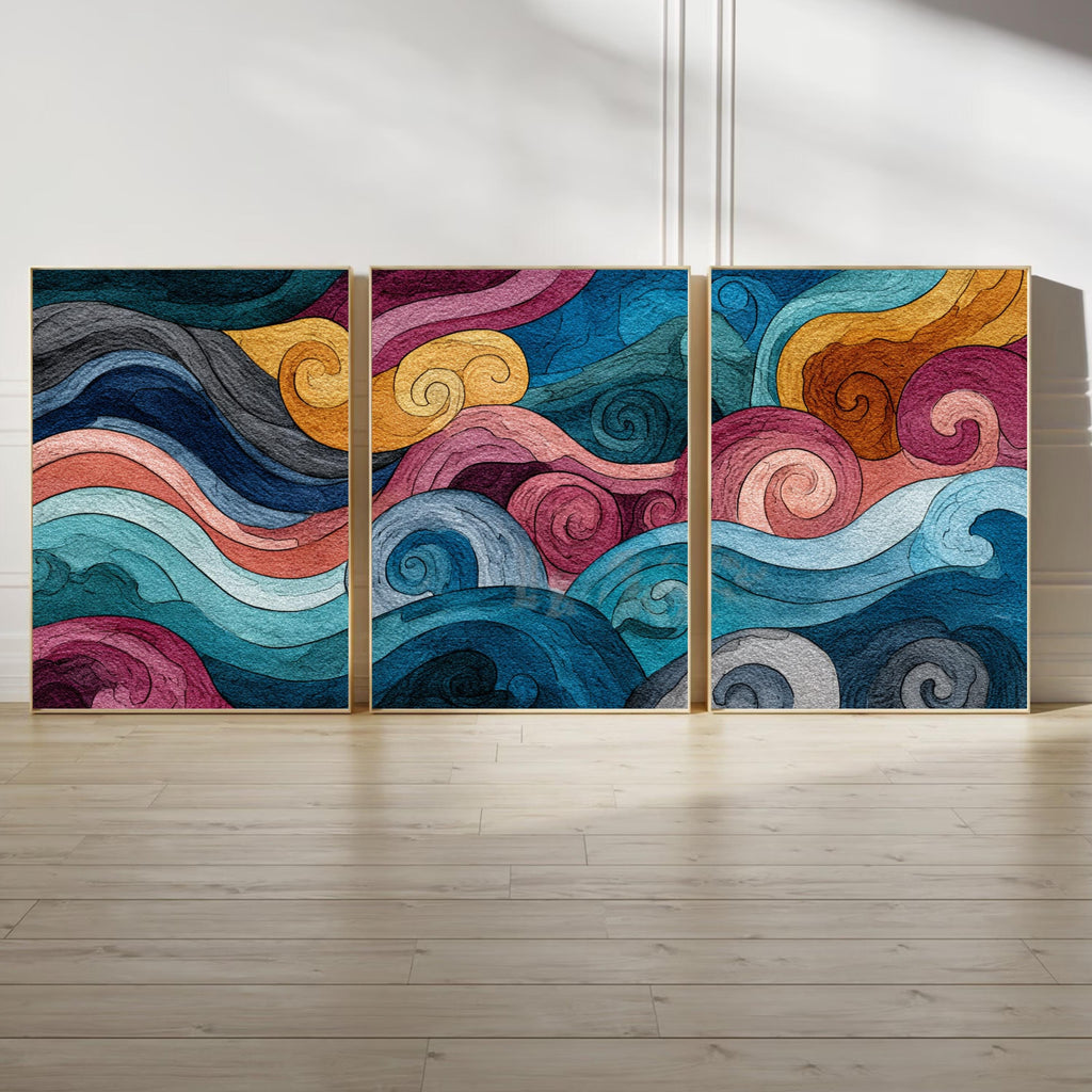 Abstract Wave Wall Art Set of 3 | Colorful Ocean Inspired Triptych Prints | Modern Coastal Decor for Living Room or Bedroom