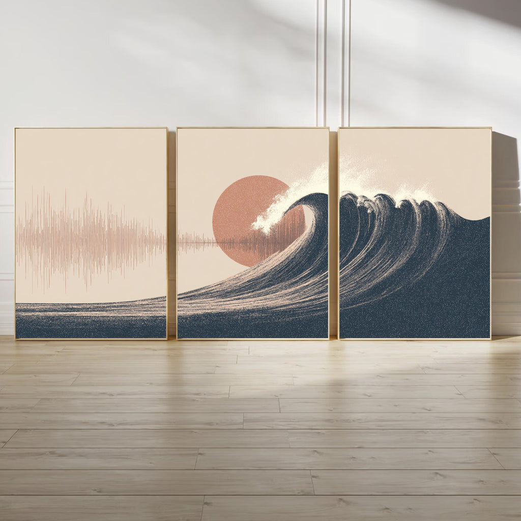 Wave and Soundwave Wall Art Set of 3 | Ocean Sunset Triptych Poster Prints | Music Lover Coastal Decor for Living Room