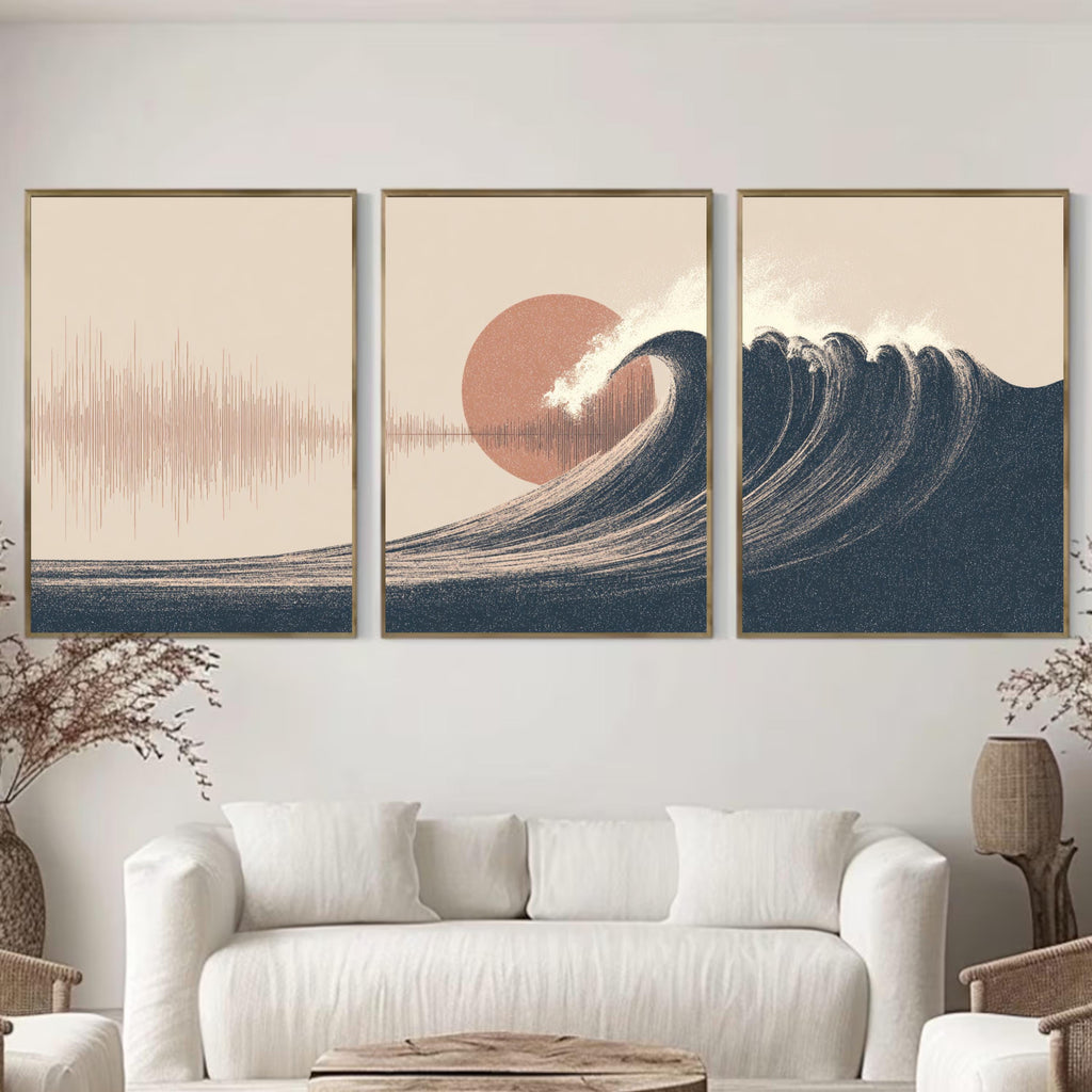 Wave and Soundwave Wall Art Set of 3 | Ocean Sunset Triptych Poster Prints | Music Lover Coastal Decor for Living Room