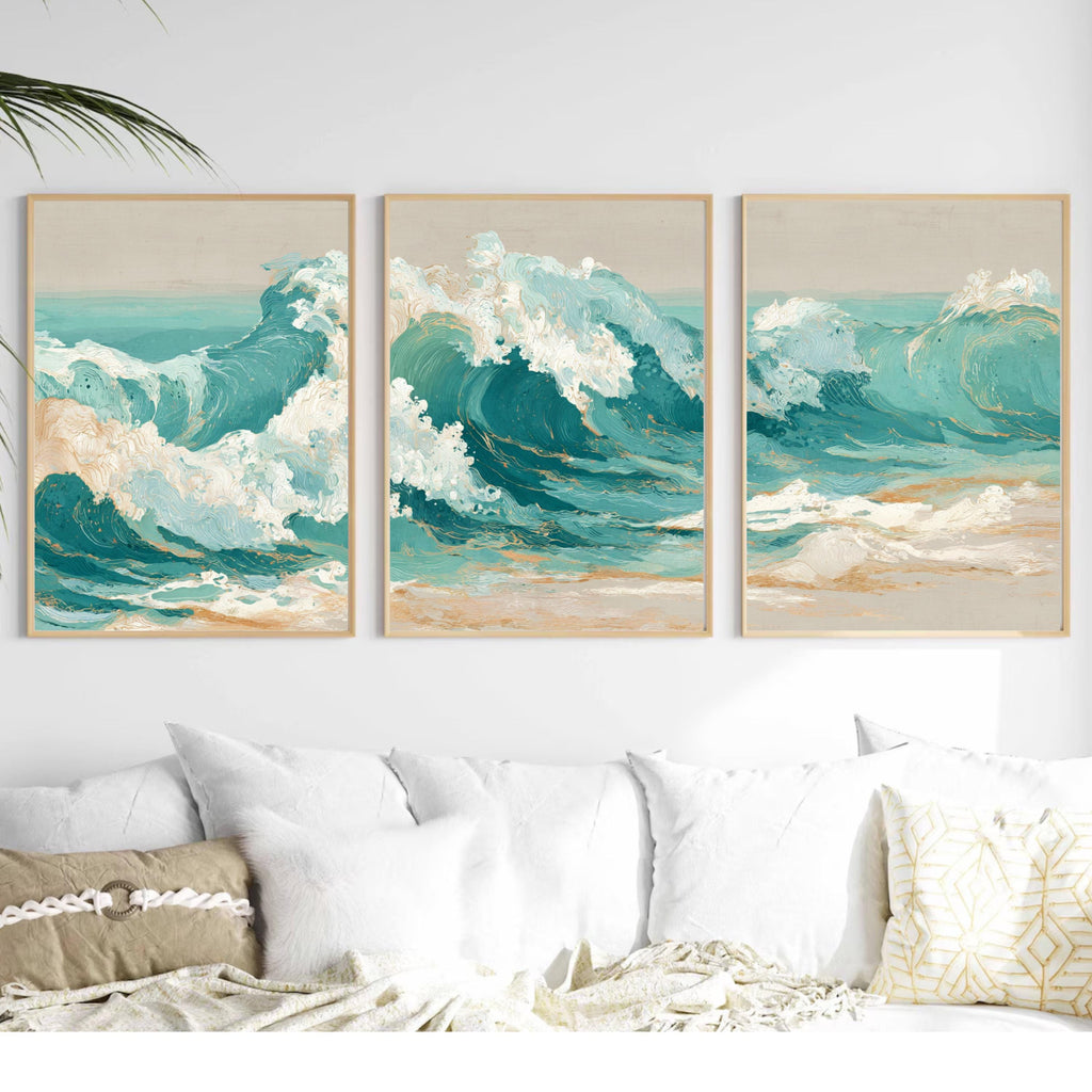 Ocean Wave Wall Art Set of 3 | Coastal Triptych Poster Prints | Beach House Decor for Living Room or Bedroom