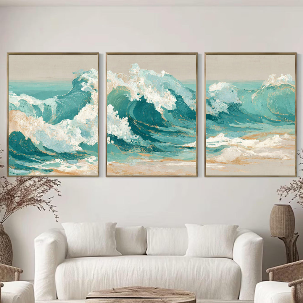 Ocean Wave Wall Art Set of 3 | Coastal Triptych Poster Prints | Beach House Decor for Living Room or Bedroom