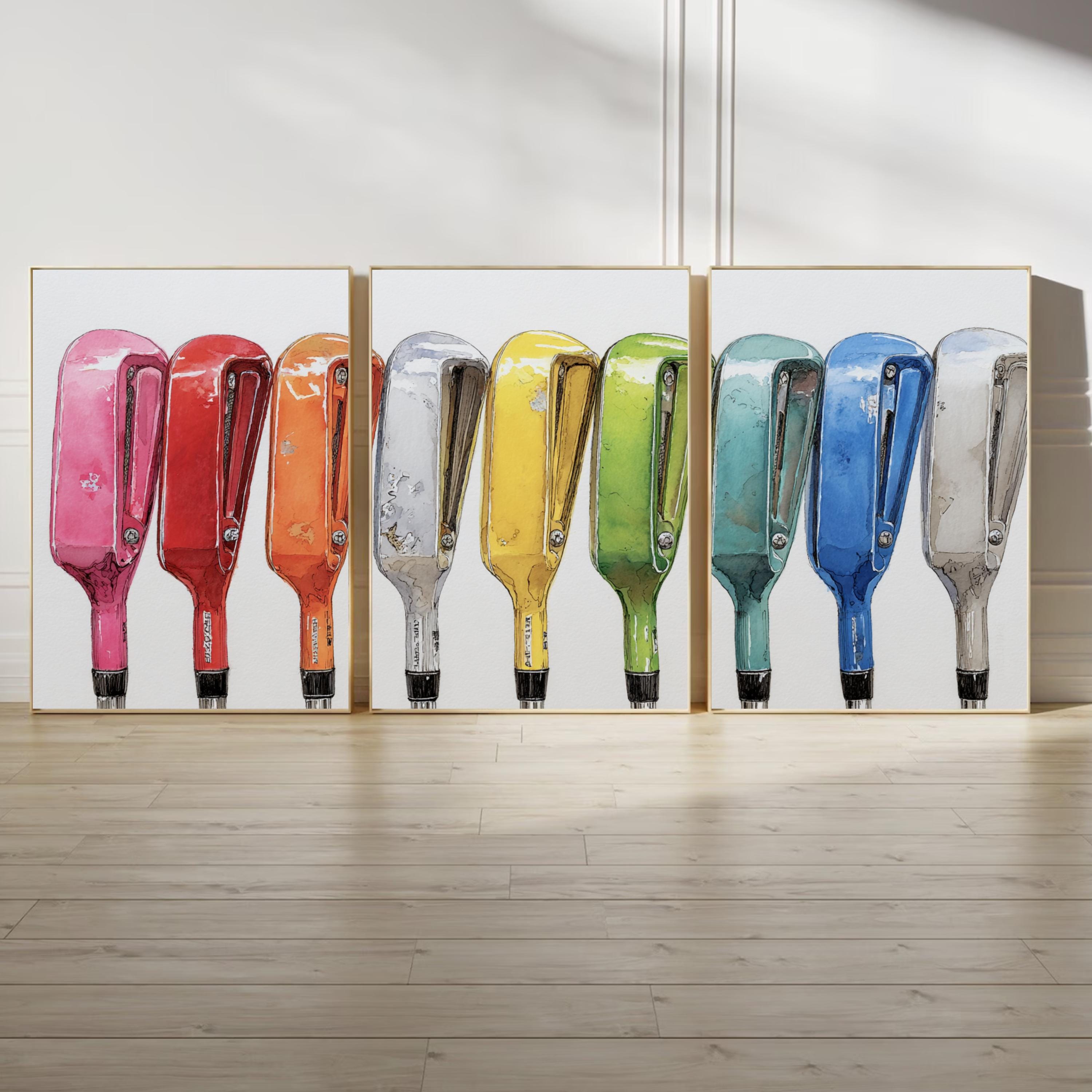 Golf Club Wall Art Set of 3 | Colorful Golf Triptych Poster Prints | Sports Decor for Man Cave, Office, or Living Room