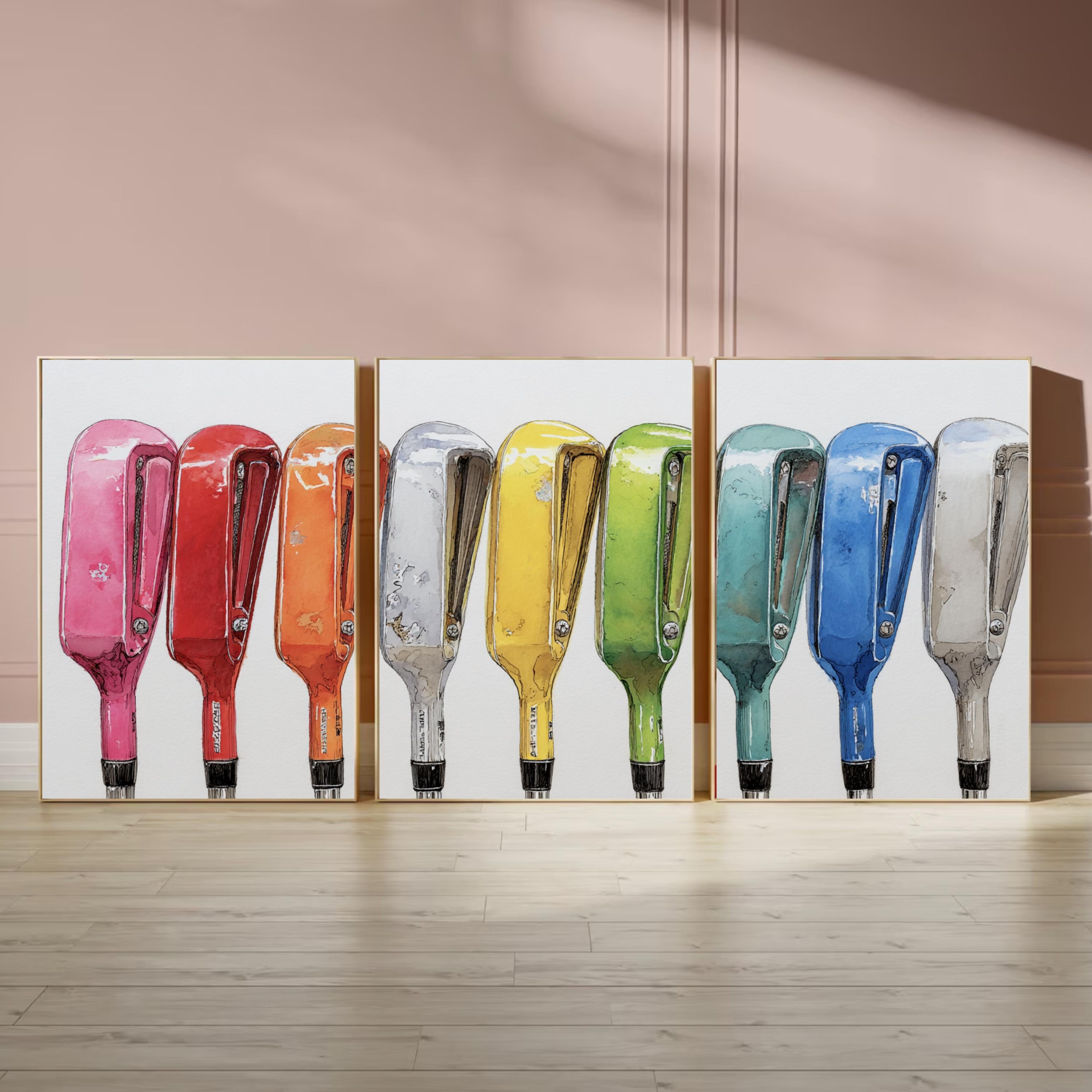 Golf Club Wall Art Set of 3 | Colorful Golf Triptych Poster Prints | Sports Decor for Man Cave, Office, or Living Room