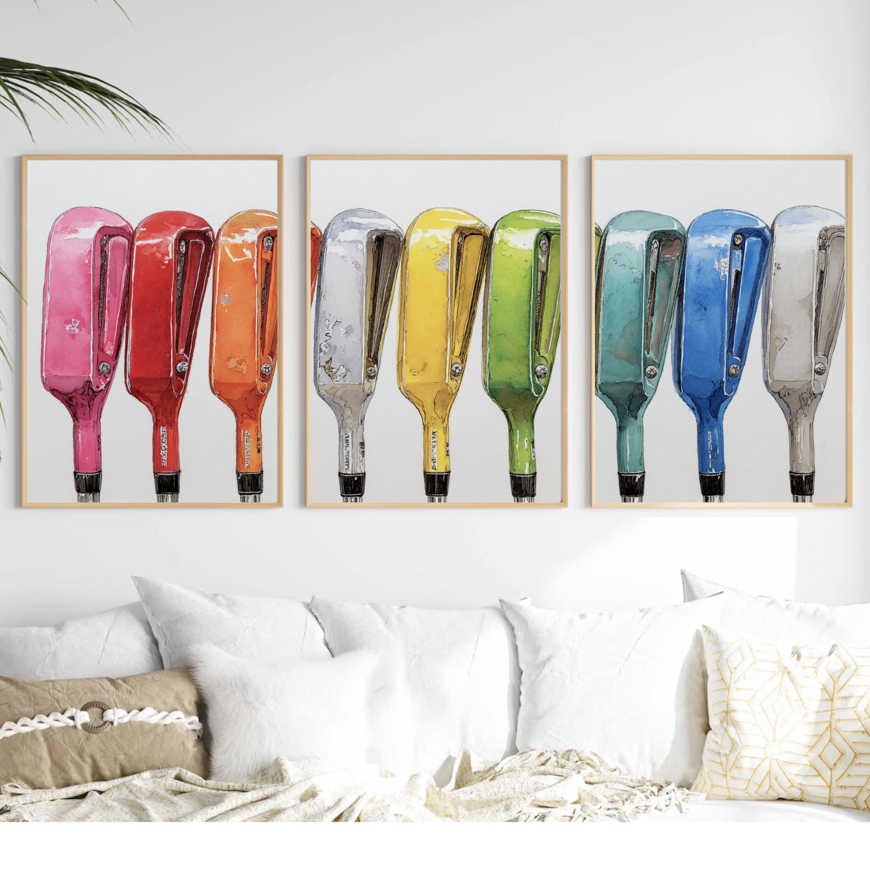 Golf Club Wall Art Set of 3 | Colorful Golf Triptych Poster Prints | Sports Decor for Man Cave, Office, or Living Room