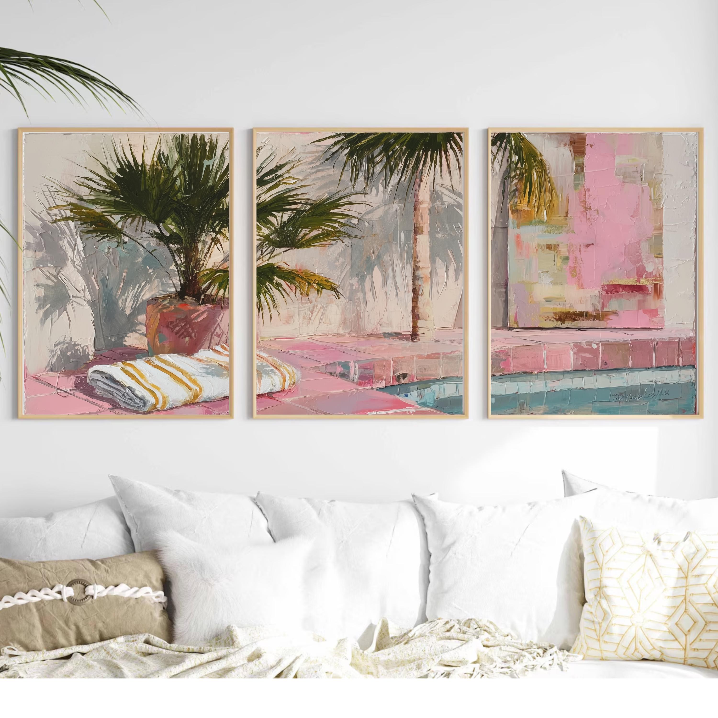 Palm Springs Poolside Wall Art Set of 3 | Tropical Summer Triptych Prints | Pink Palm Tree Coastal Decor for Living Room