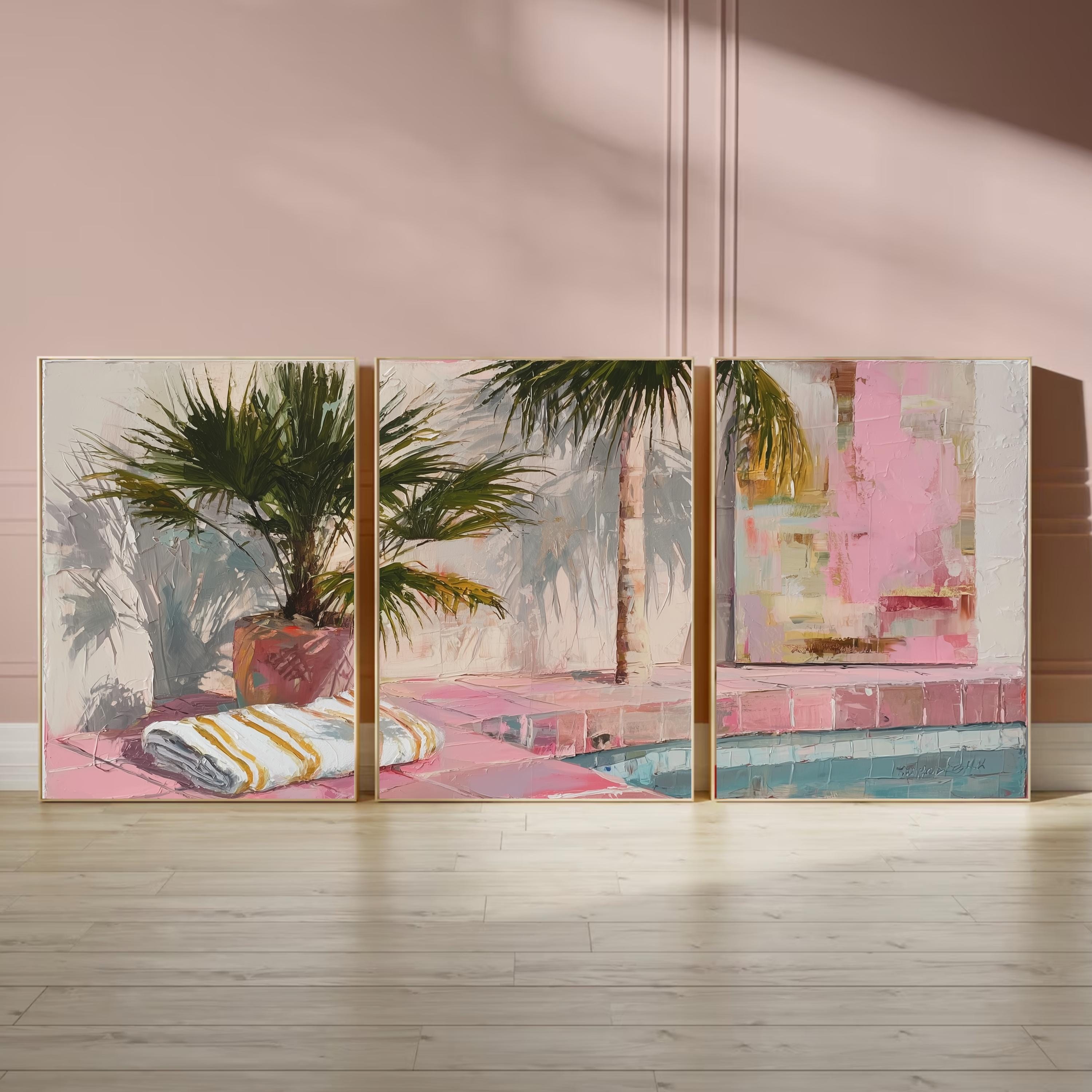 Palm Springs Poolside Wall Art Set of 3 | Tropical Summer Triptych Prints | Pink Palm Tree Coastal Decor for Living Room