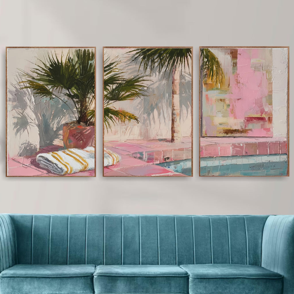 Palm Springs Poolside Wall Art Set of 3 | Tropical Summer Triptych Prints | Pink Palm Tree Coastal Decor for Living Room