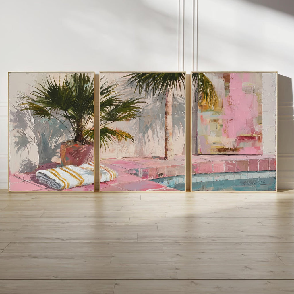 Palm Springs Poolside Wall Art Set of 3 | Tropical Summer Triptych Prints | Pink Palm Tree Coastal Decor for Living Room