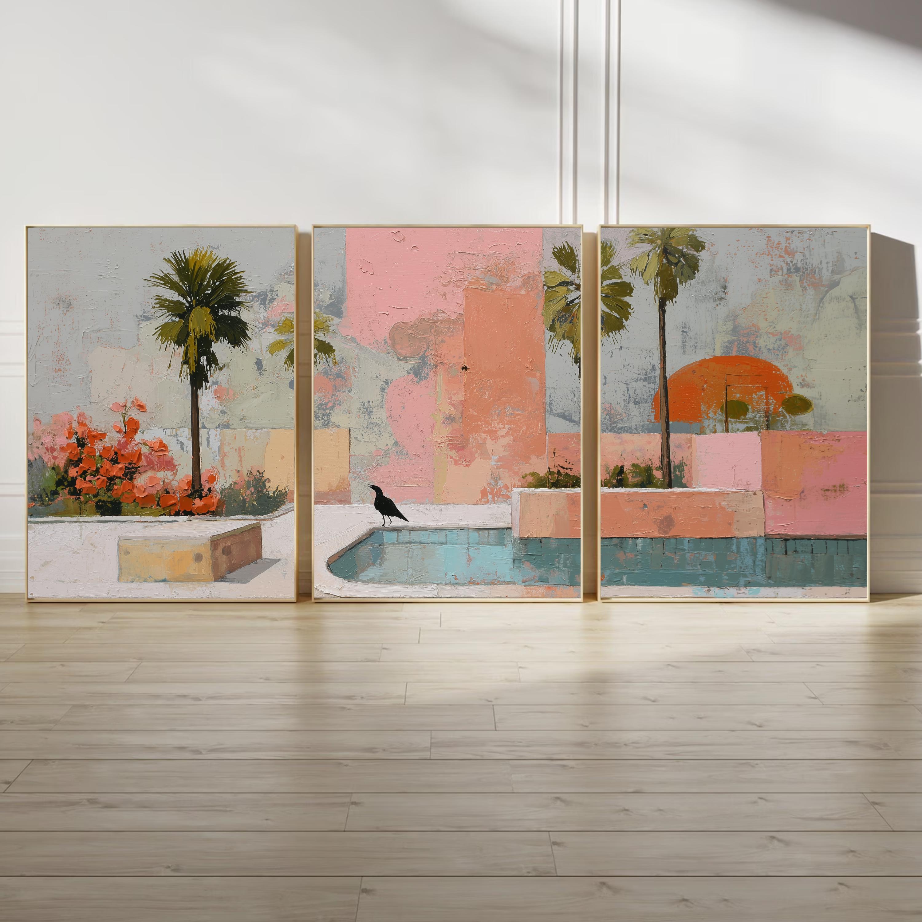 Palm Springs Retro Wall Art Set of 3 | Tropical Poolside Triptych Prints | Pastel Pink Palm Tree Coastal Decor