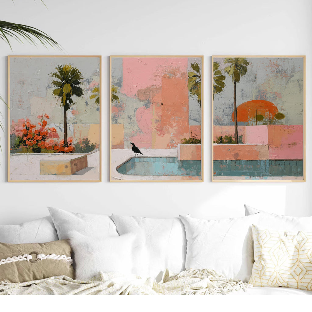 Palm Springs Retro Wall Art Set of 3 | Tropical Poolside Triptych Prints | Pastel Pink Palm Tree Coastal Decor