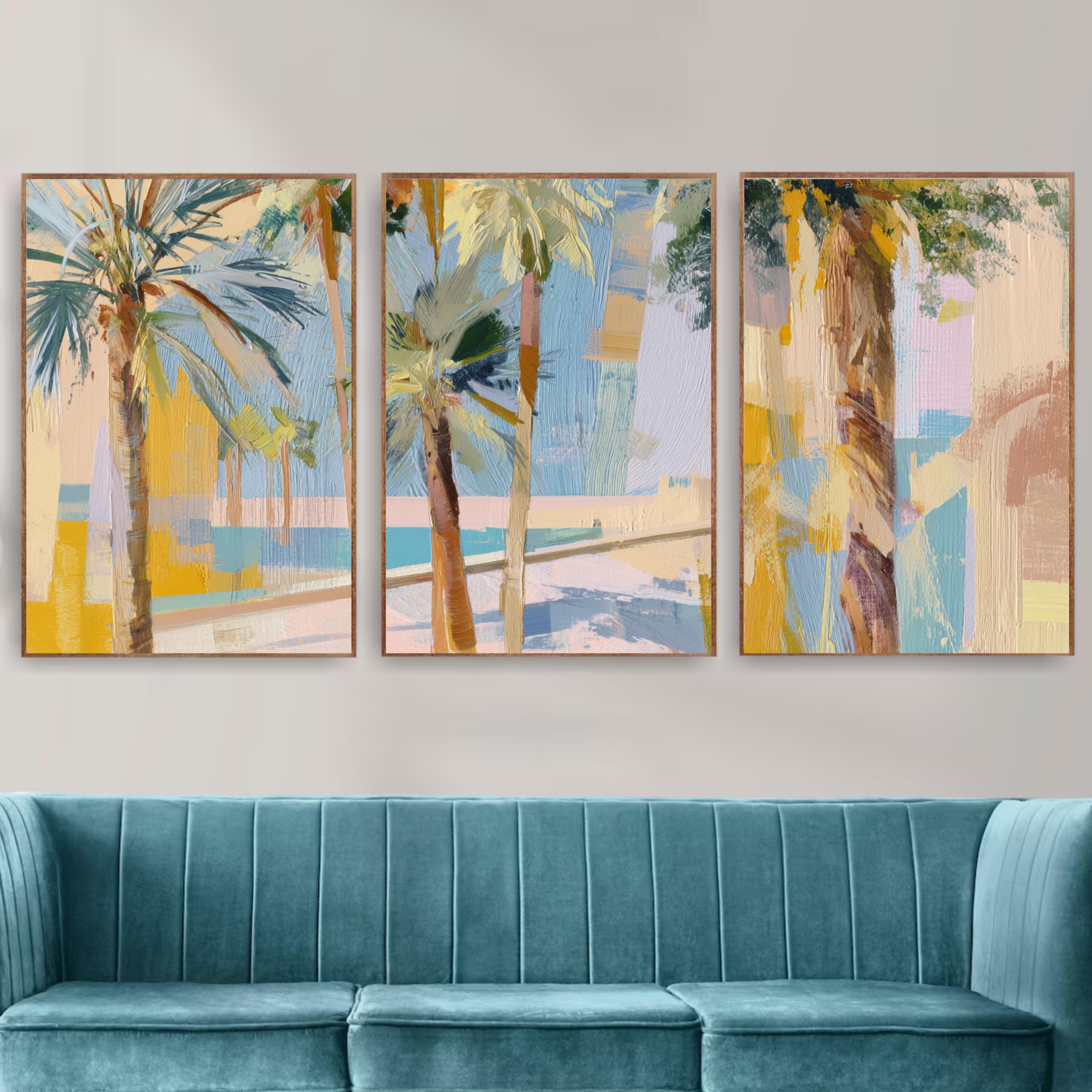 Tropical Palm Tree Wall Art Set of 3 | Coastal Summer Triptych Prints | Colorful Abstract Palm Springs Decor